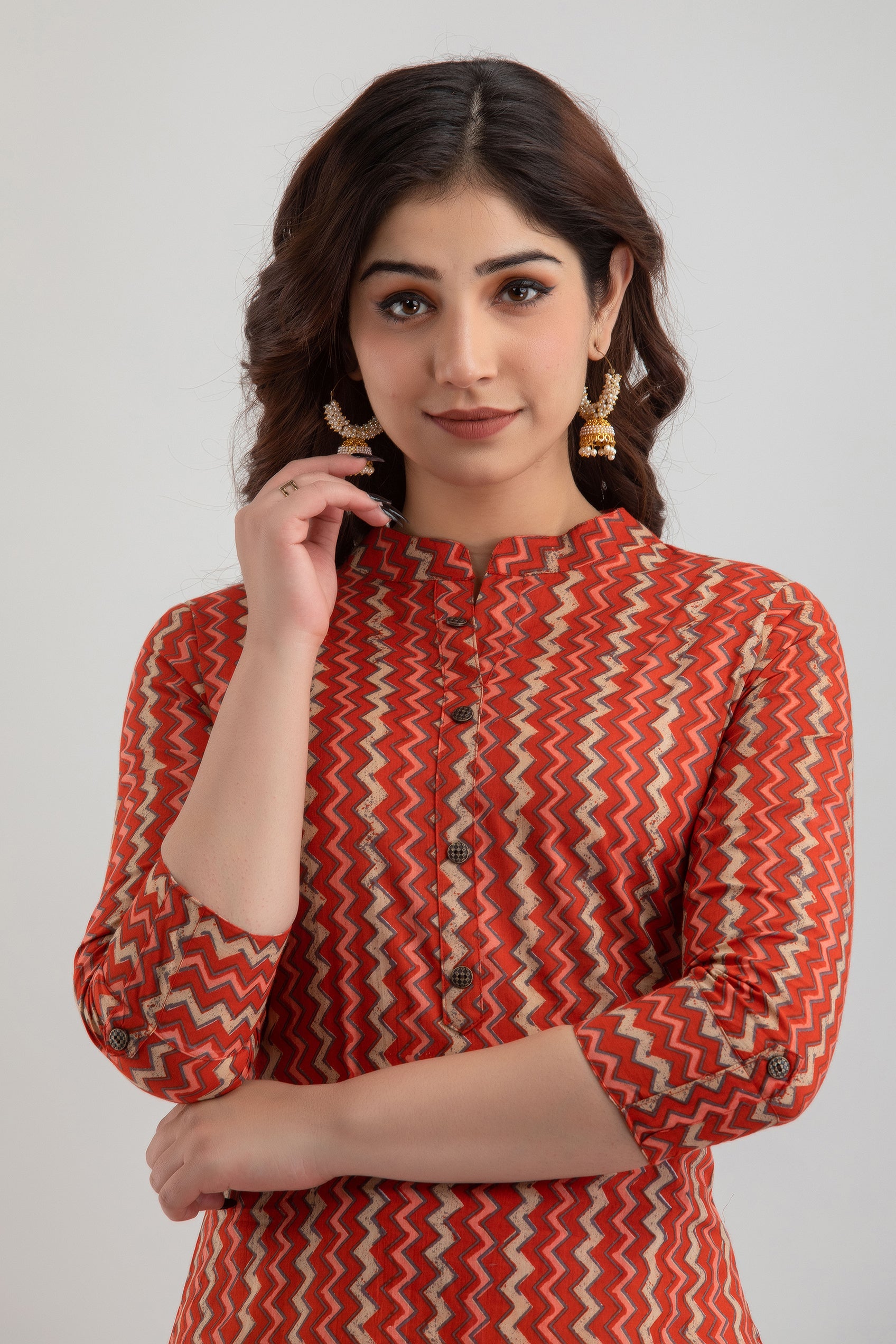 Rust Orange Zigzag Printed Cotton Straight Kurta for Women - HENAL