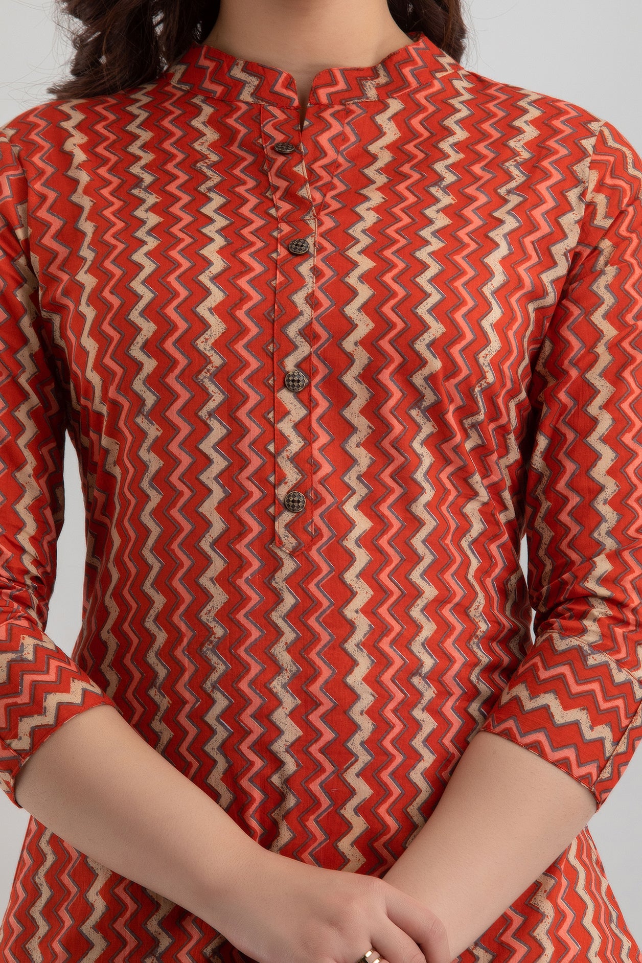 Rust Orange Zigzag Printed Cotton Straight Kurta for Women - HENAL