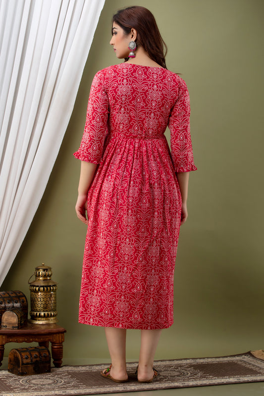 Red Printed Cotton Tie-Up Maternity Kurta | Stylish & Comfortable Pregnancy Wear - HENAL