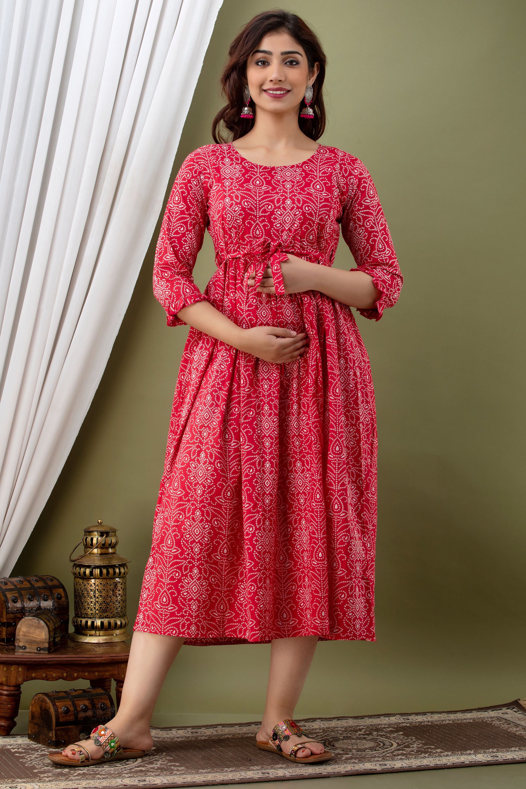 Red Printed Cotton Tie-Up Maternity Kurta | Stylish & Comfortable Pregnancy Wear - HENAL