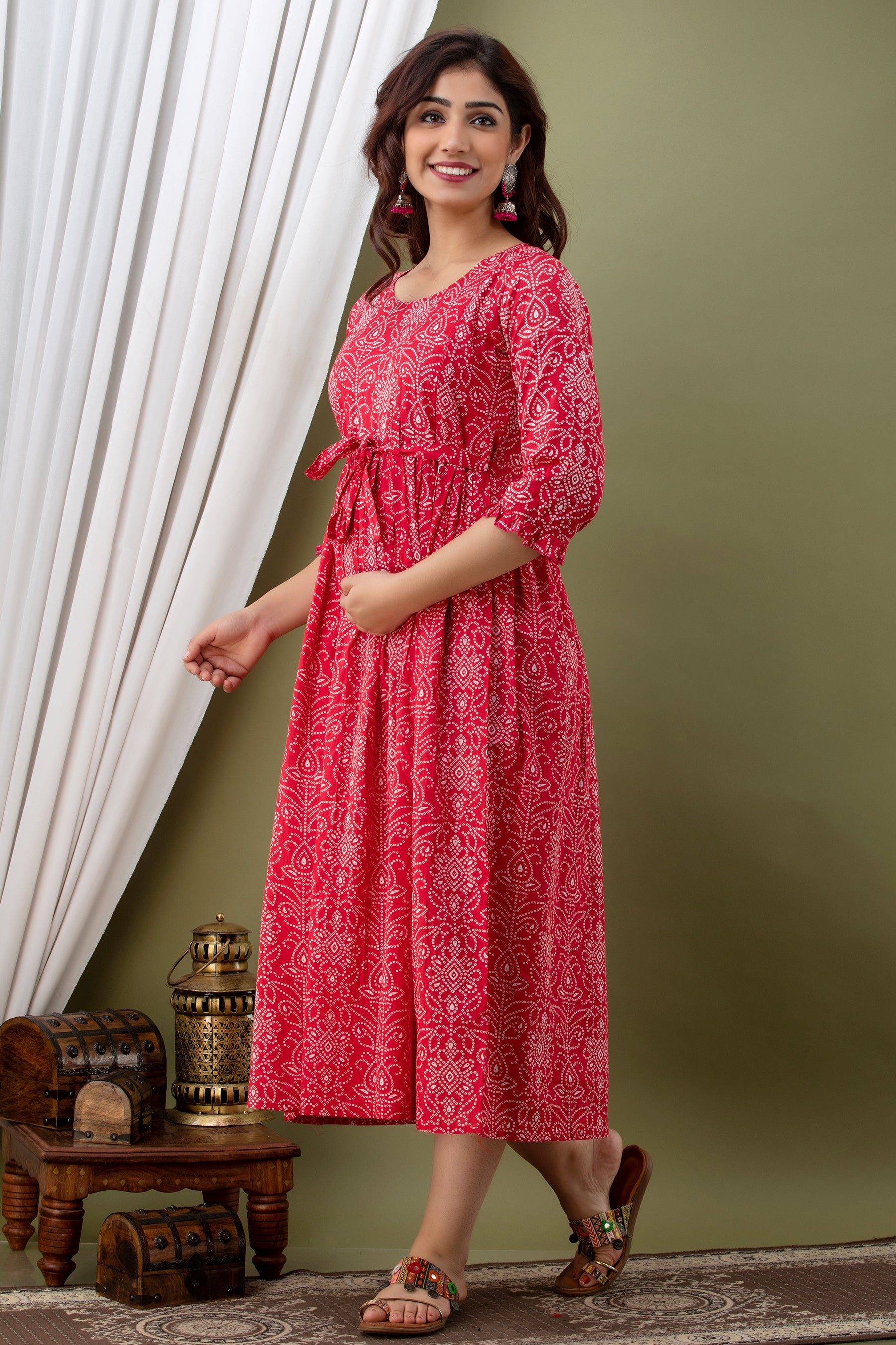 Red Printed Cotton Tie-Up Maternity Kurta | Stylish & Comfortable Pregnancy Wear - HENAL