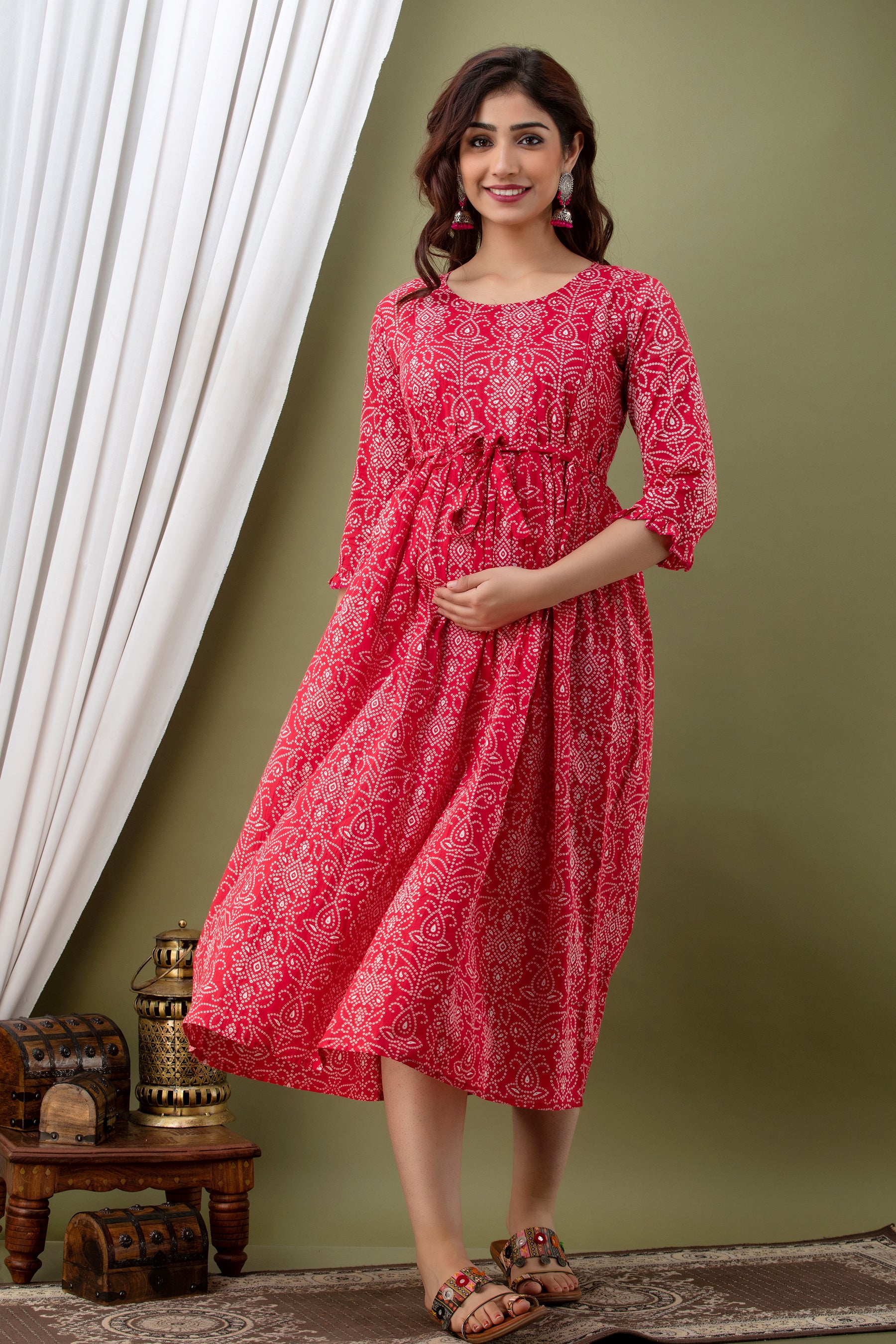 Red Printed Cotton Tie-Up Maternity Kurta | Stylish & Comfortable Pregnancy Wear - HENAL