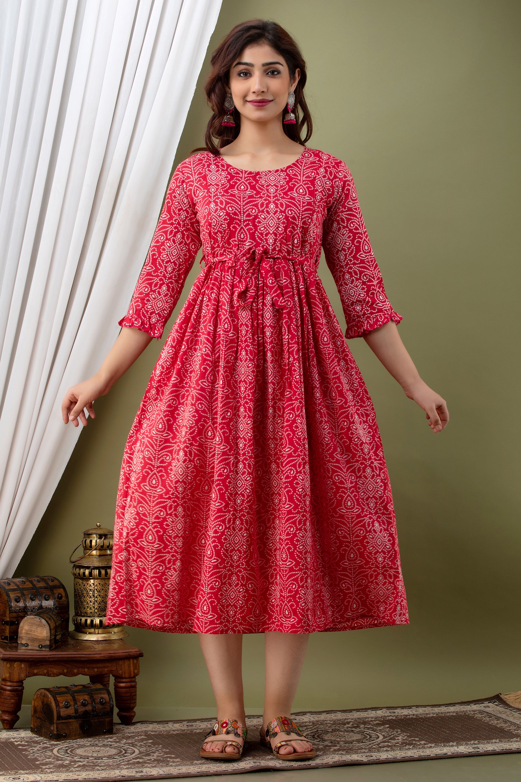 Red Printed Cotton Tie-Up Maternity Kurta | Stylish & Comfortable Pregnancy Wear - HENAL