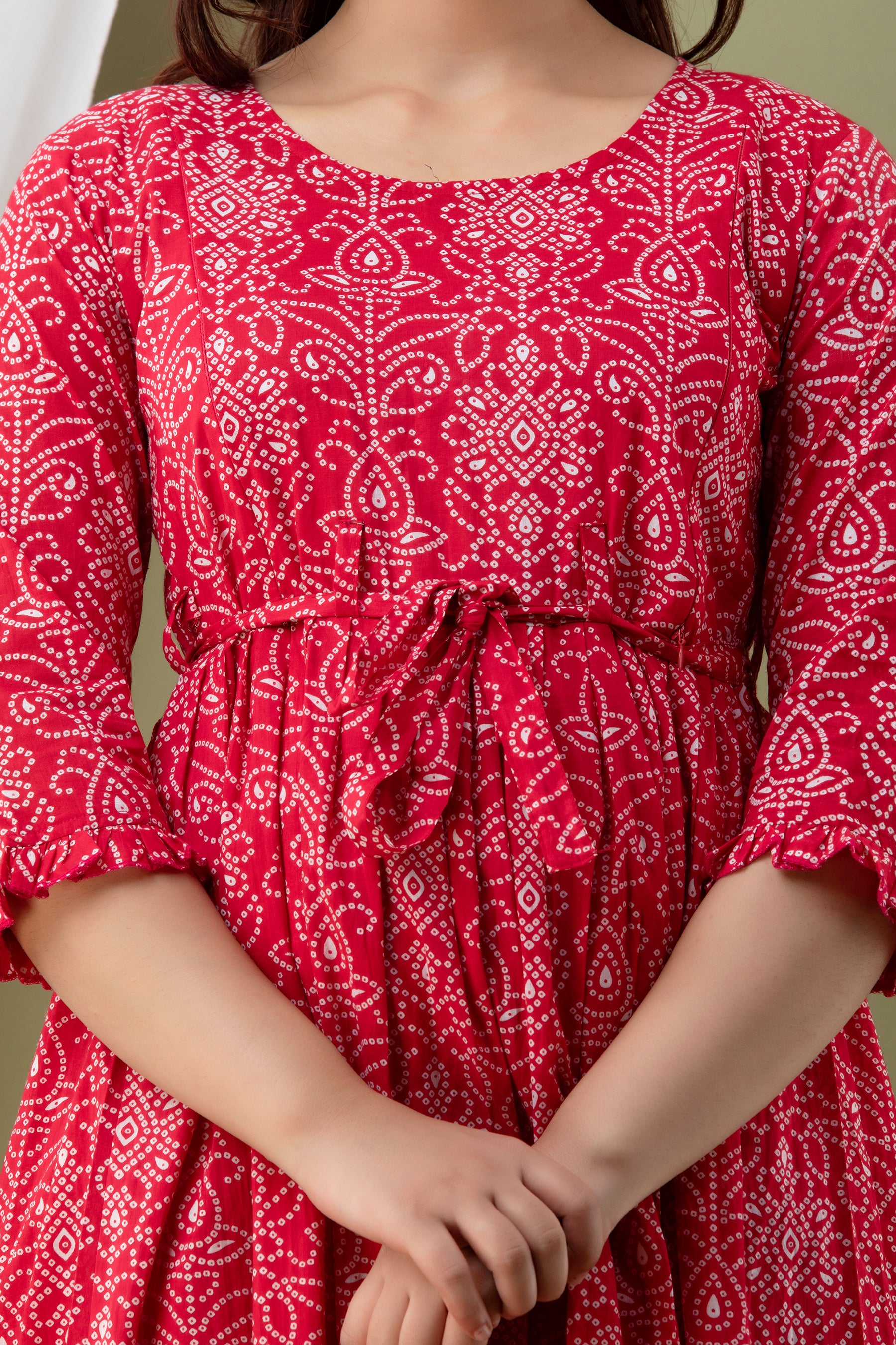 Red Printed Cotton Tie-Up Maternity Kurta | Stylish & Comfortable Pregnancy Wear - HENAL
