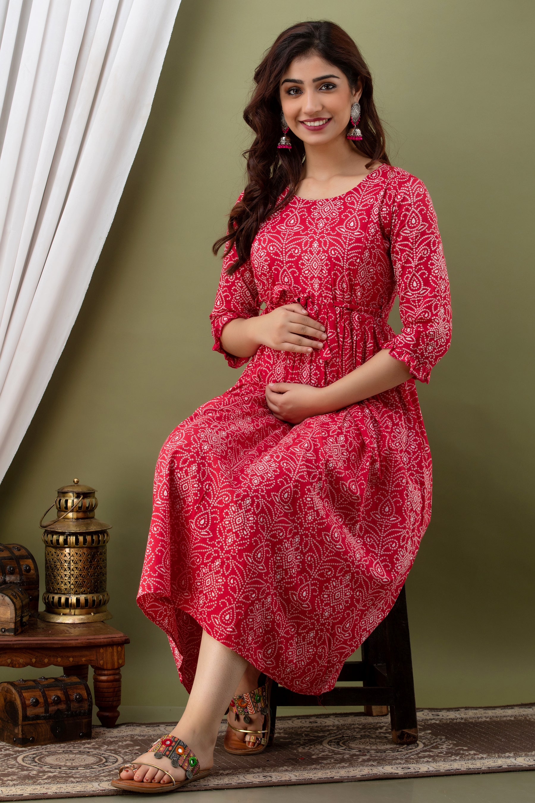 Red Printed Cotton Tie-Up Maternity Kurta | Stylish & Comfortable Pregnancy Wear - HENAL