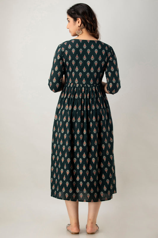 Dark Green Buti Print Cotton Maternity Kurta | Comfortable Pregnancy Wear - HENAL