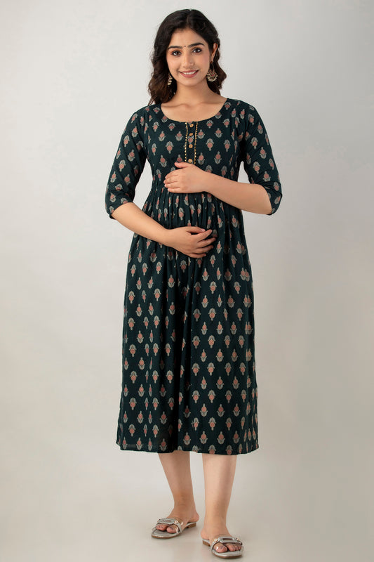 Dark Green Buti Print Cotton Maternity Kurta | Comfortable Pregnancy Wear - HENAL