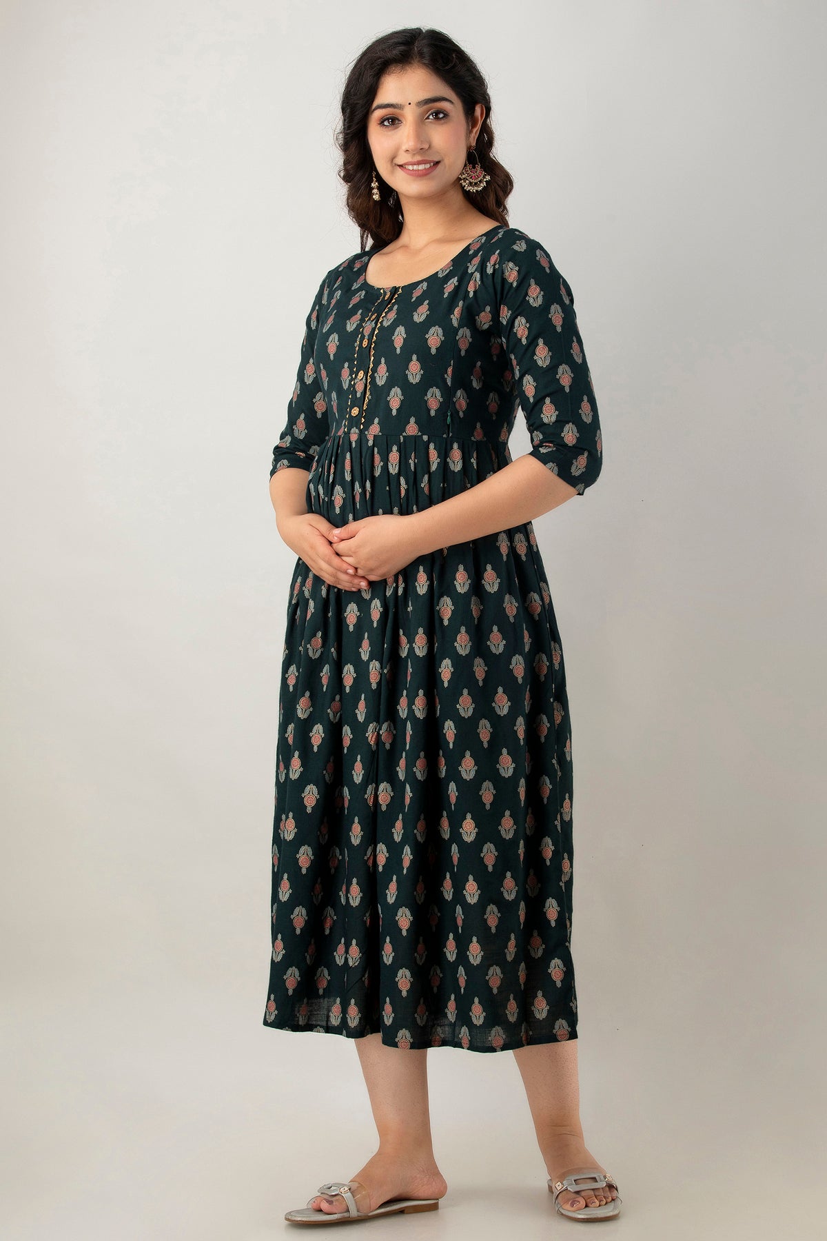 Dark Green Buti Print Cotton Maternity Kurta | Comfortable Pregnancy Wear - HENAL