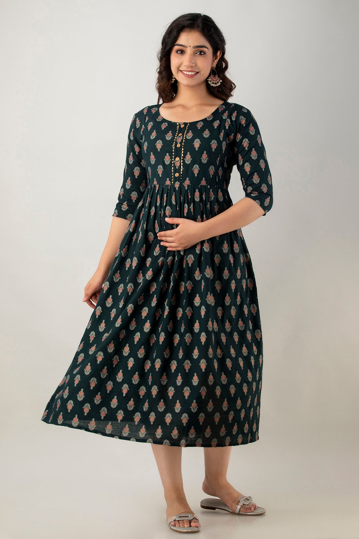 Dark Green Buti Print Cotton Maternity Kurta | Comfortable Pregnancy Wear - HENAL