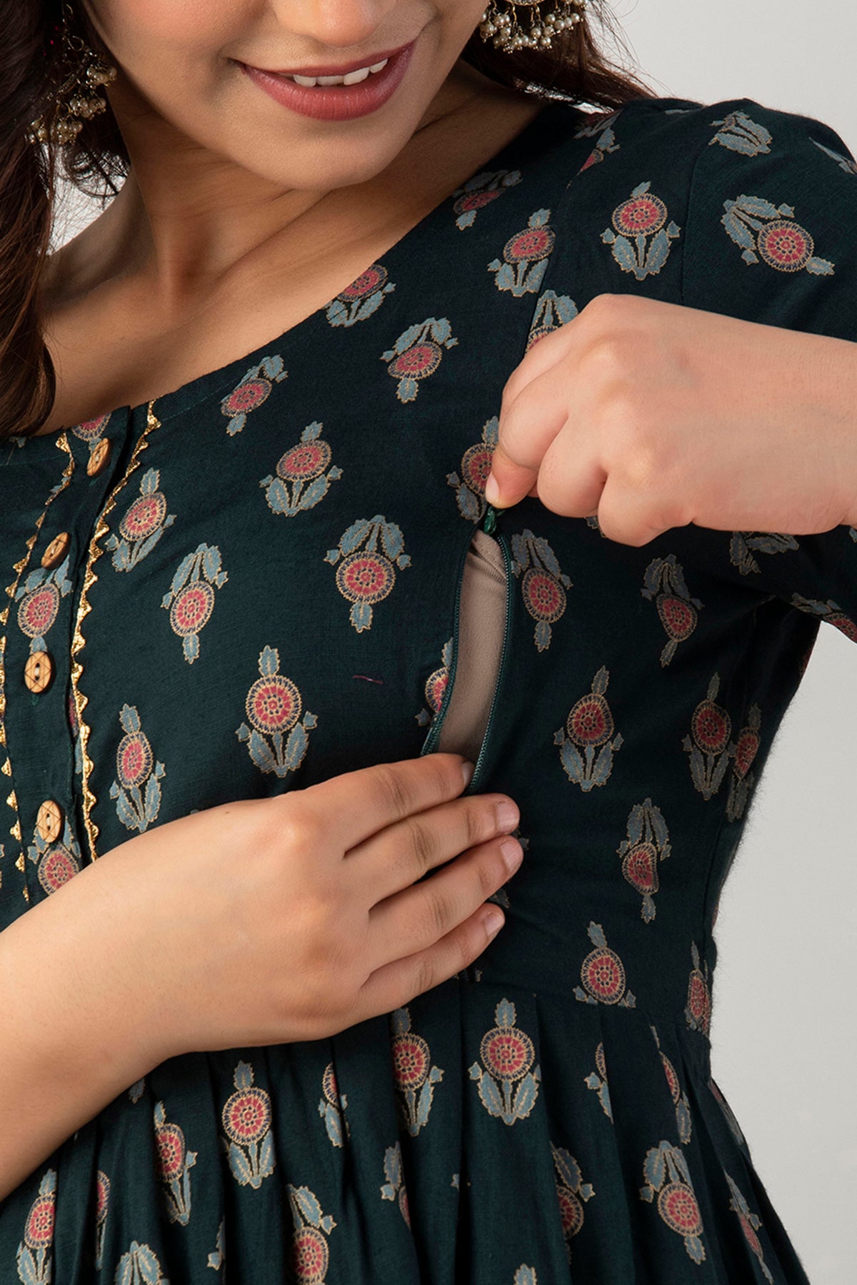 Dark Green Buti Print Cotton Maternity Kurta | Comfortable Pregnancy Wear - HENAL