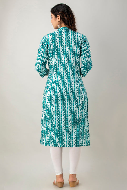 Teal Green Printed Cotton Straight Kurta for Women - HENAL