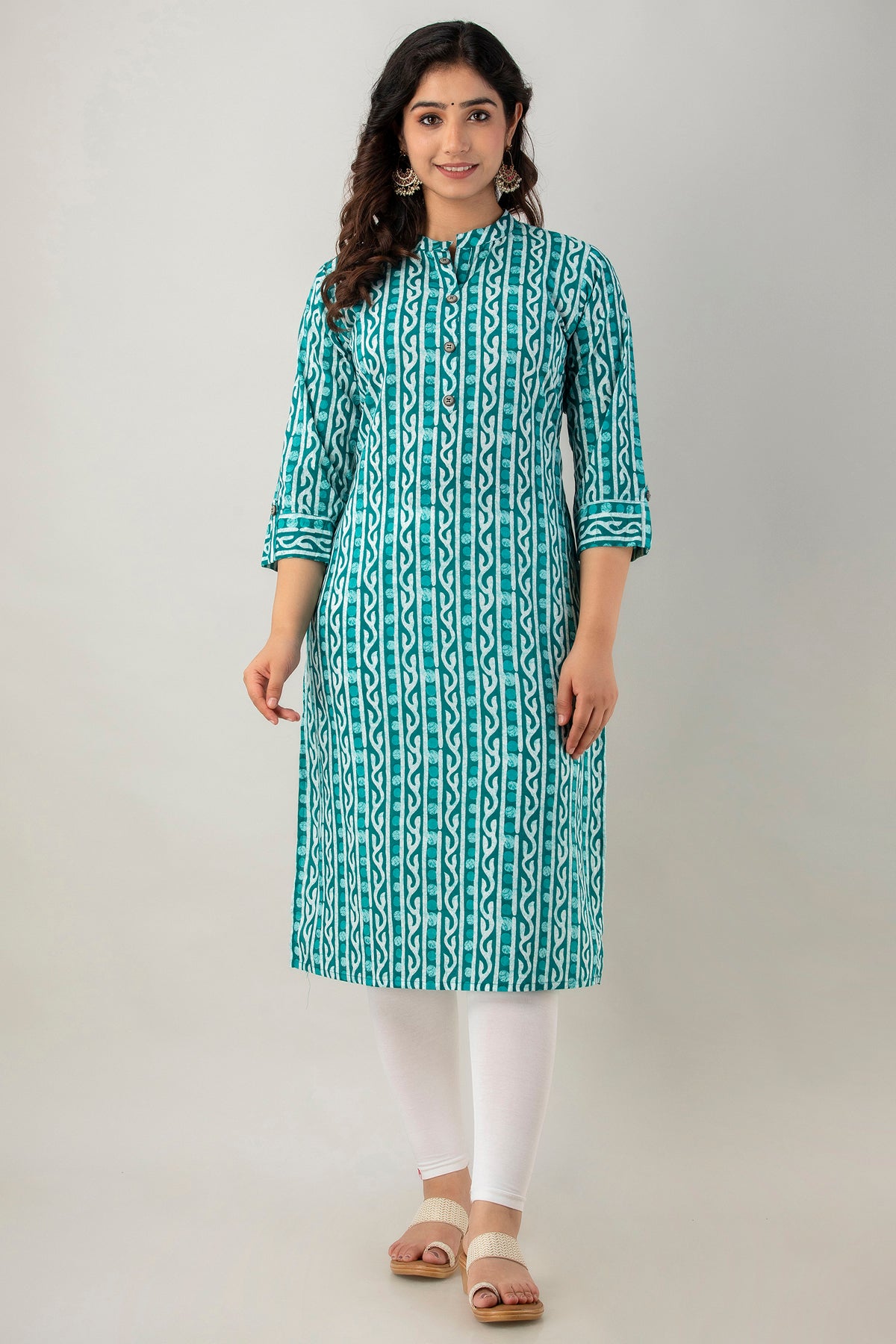Teal Green Printed Cotton Straight Kurta for Women - HENAL