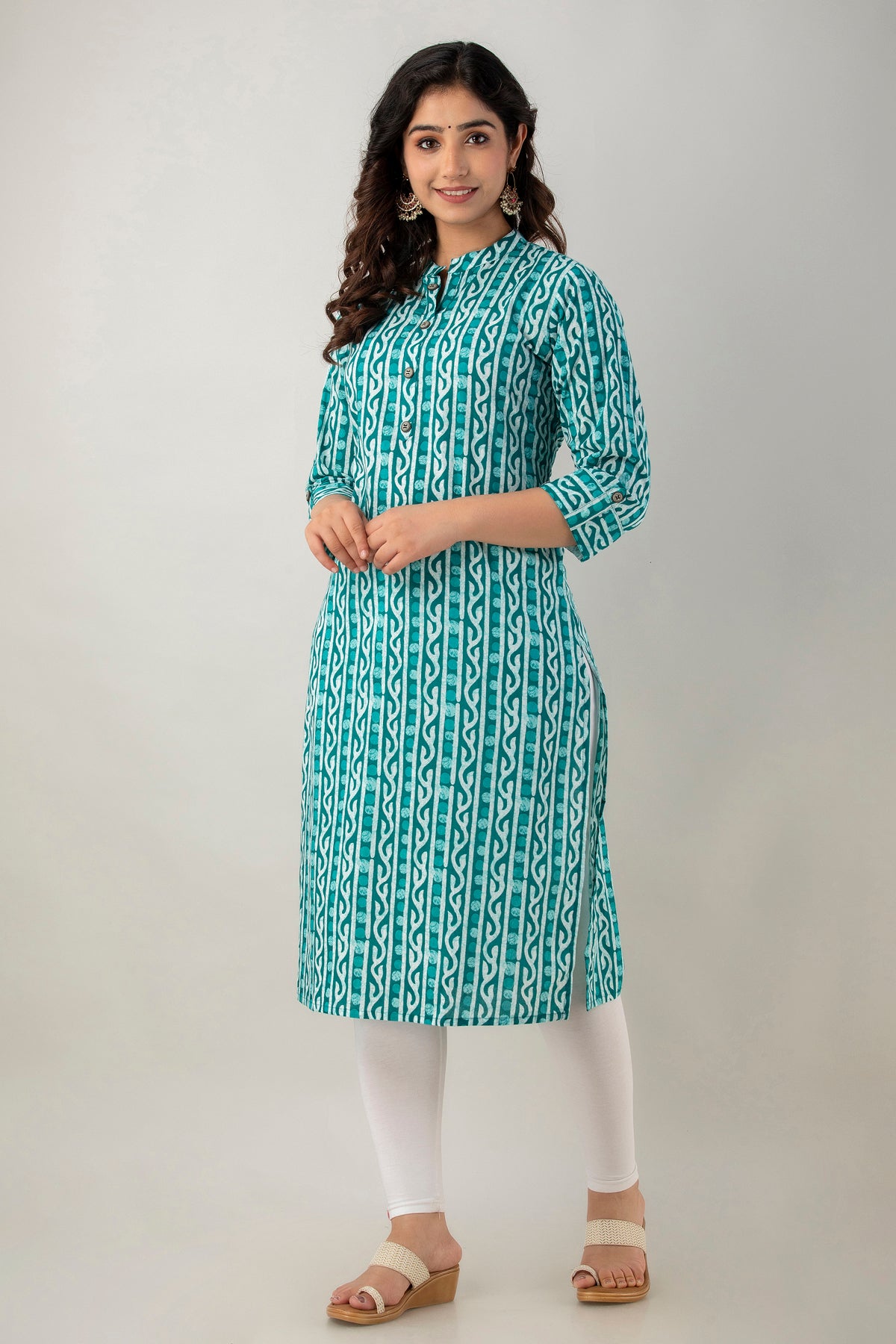 Teal Green Printed Cotton Straight Kurta for Women - HENAL