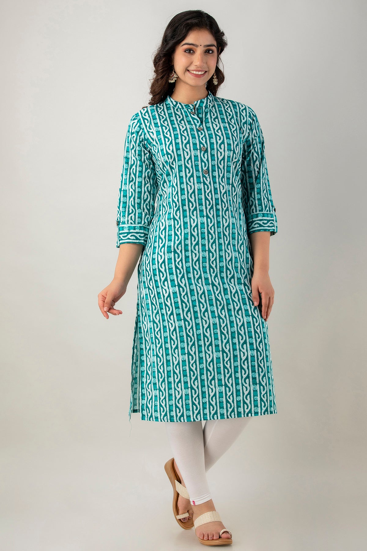 Teal Green Printed Cotton Straight Kurta for Women - HENAL