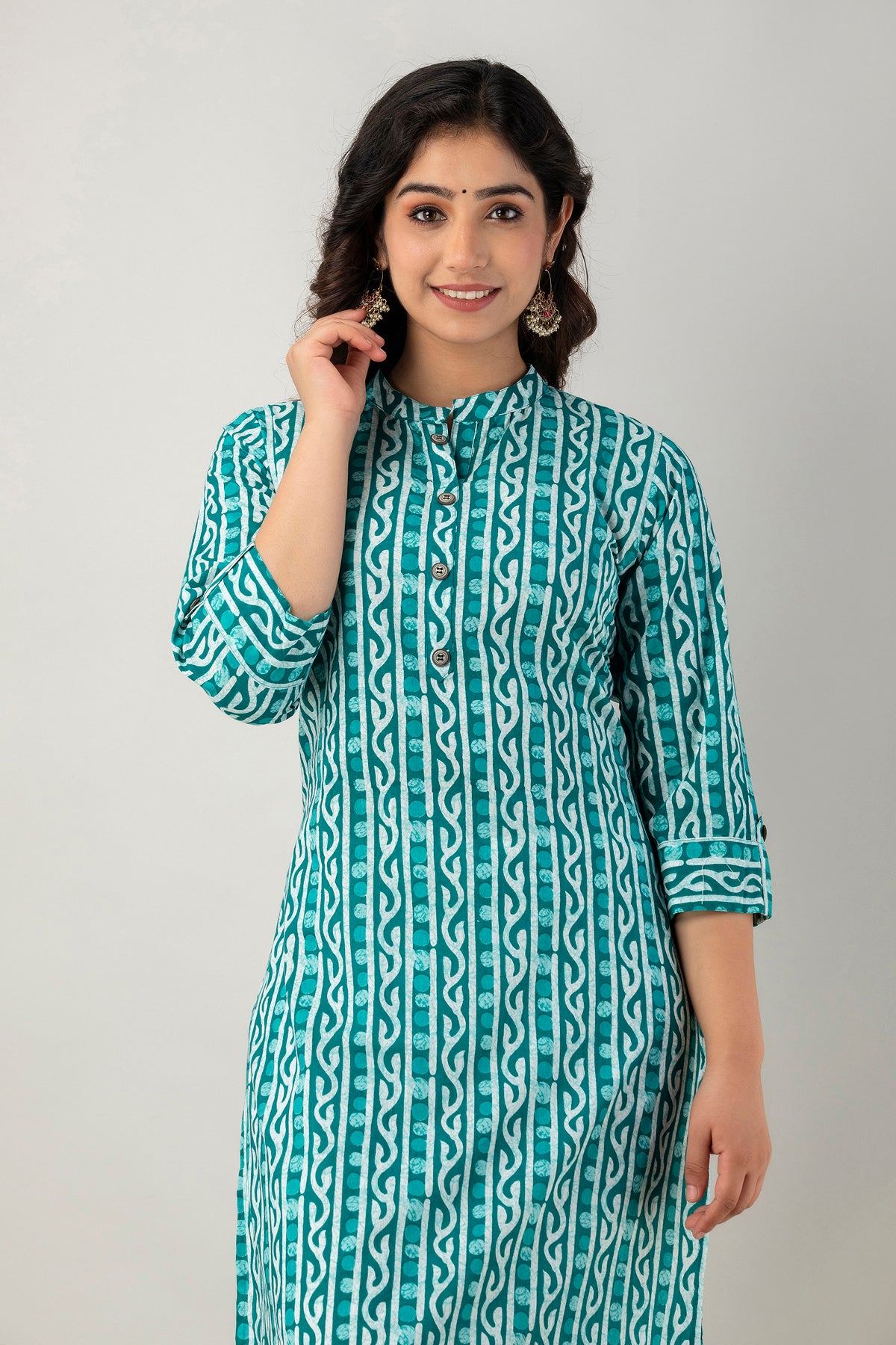 Teal Green Printed Cotton Straight Kurta for Women - HENAL