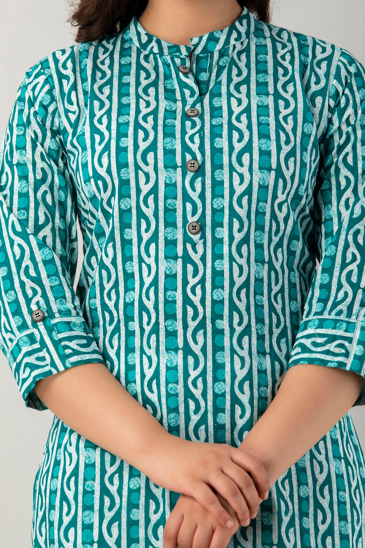 Teal Green Printed Cotton Straight Kurta for Women - HENAL
