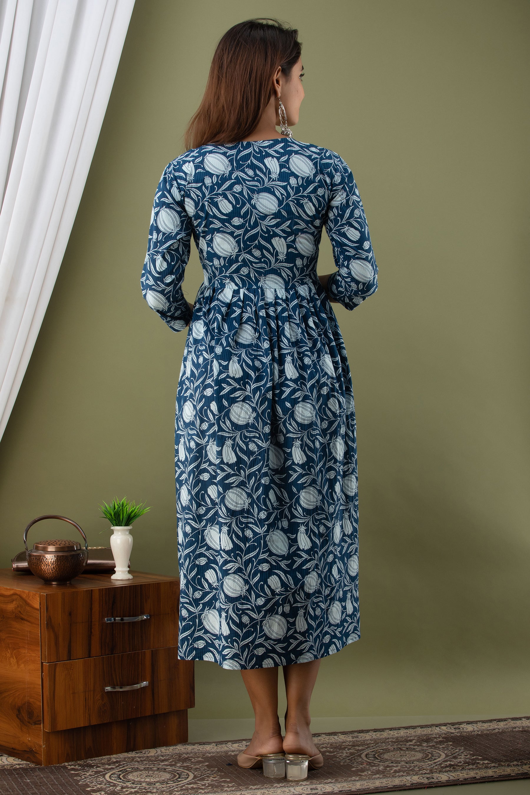 Blue Floral Printed Cotton Maternity Dress | Comfortable & Stylish Pregnancy Wear - HENAL