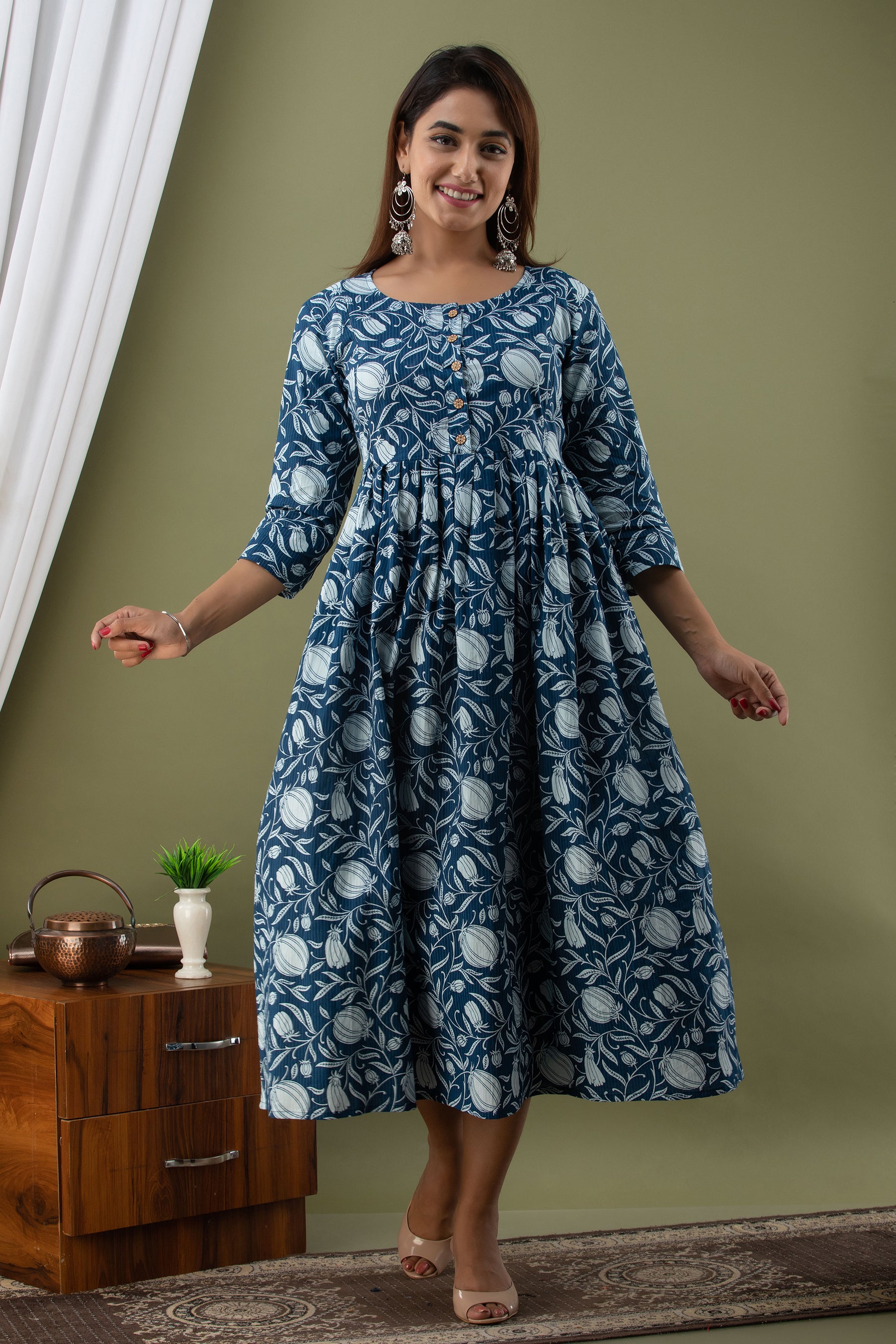 Blue Floral Printed Cotton Maternity Dress | Comfortable & Stylish Pregnancy Wear - HENAL