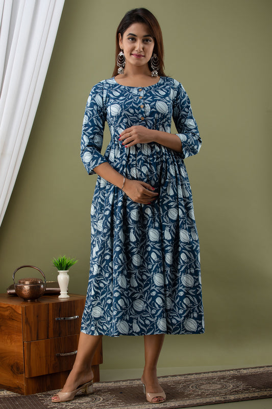 Blue Floral Printed Cotton Maternity Dress | Comfortable & Stylish Pregnancy Wear - HENAL