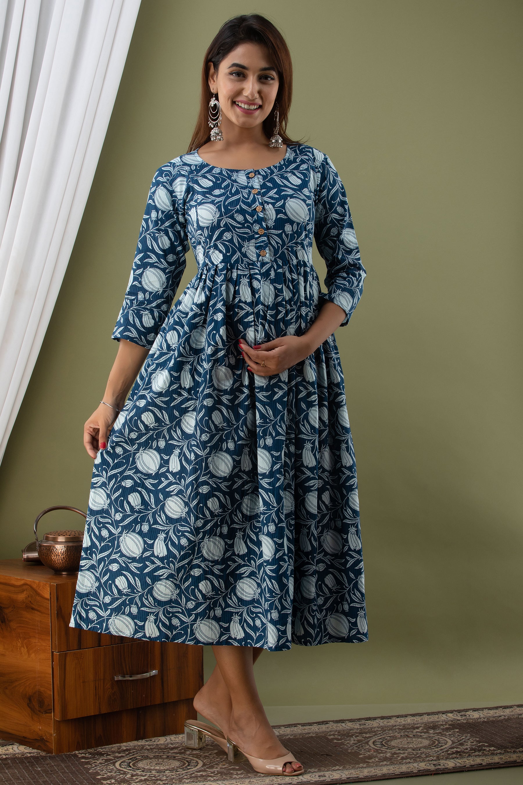 Blue Floral Printed Cotton Maternity Dress | Comfortable & Stylish Pregnancy Wear - HENAL