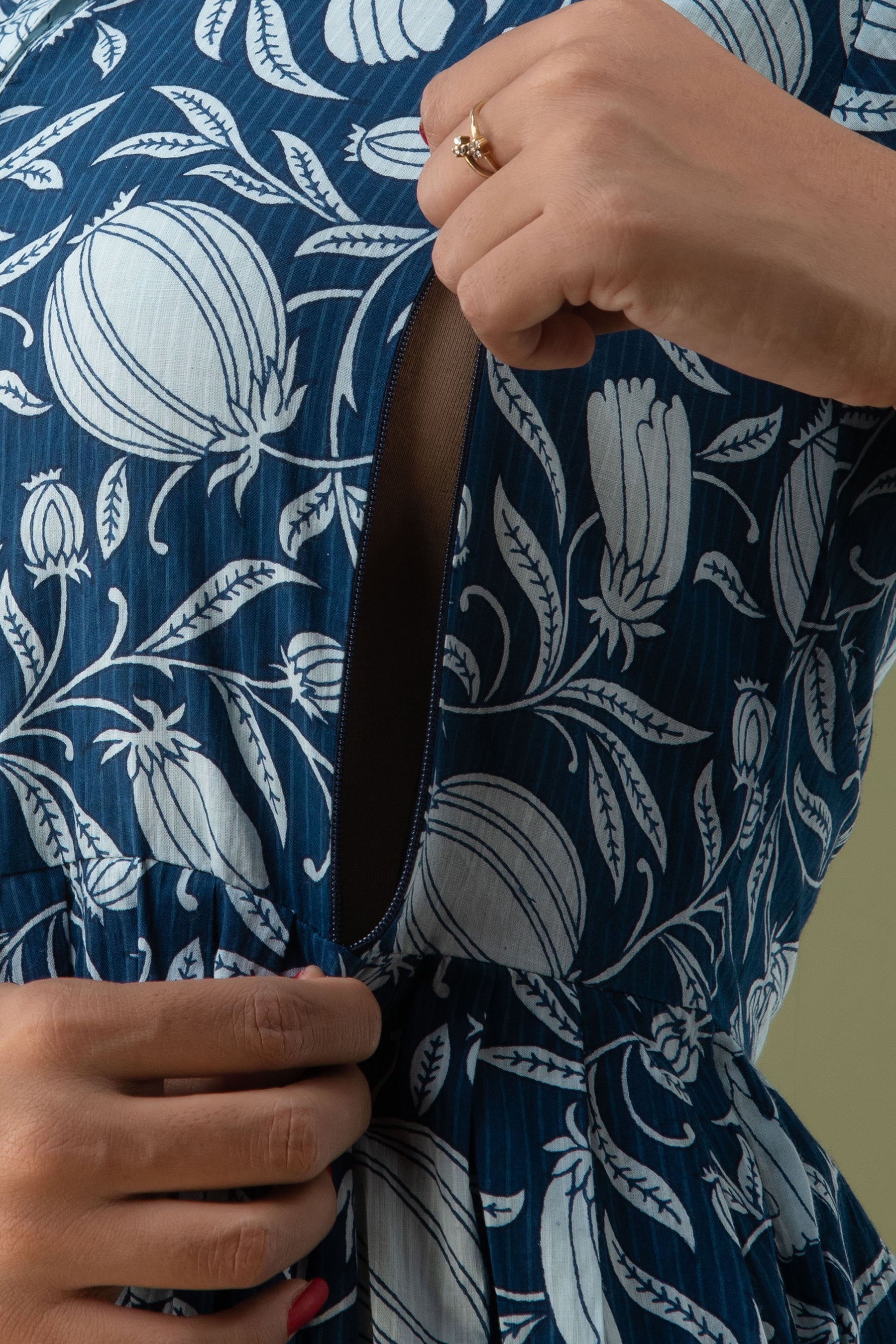 Blue Floral Printed Cotton Maternity Dress | Comfortable & Stylish Pregnancy Wear - HENAL