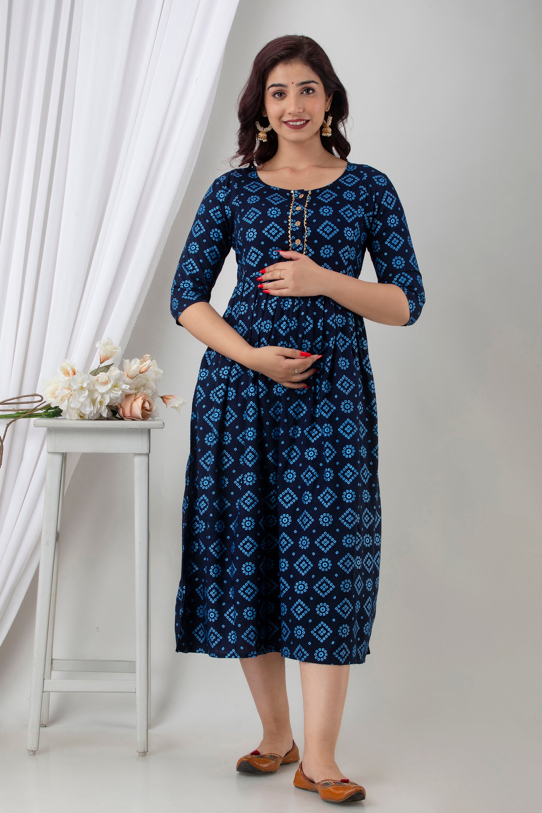 Navy Blue Printed Cotton Maternity Dress | Comfortable Pregnancy Wear for Women - HENAL