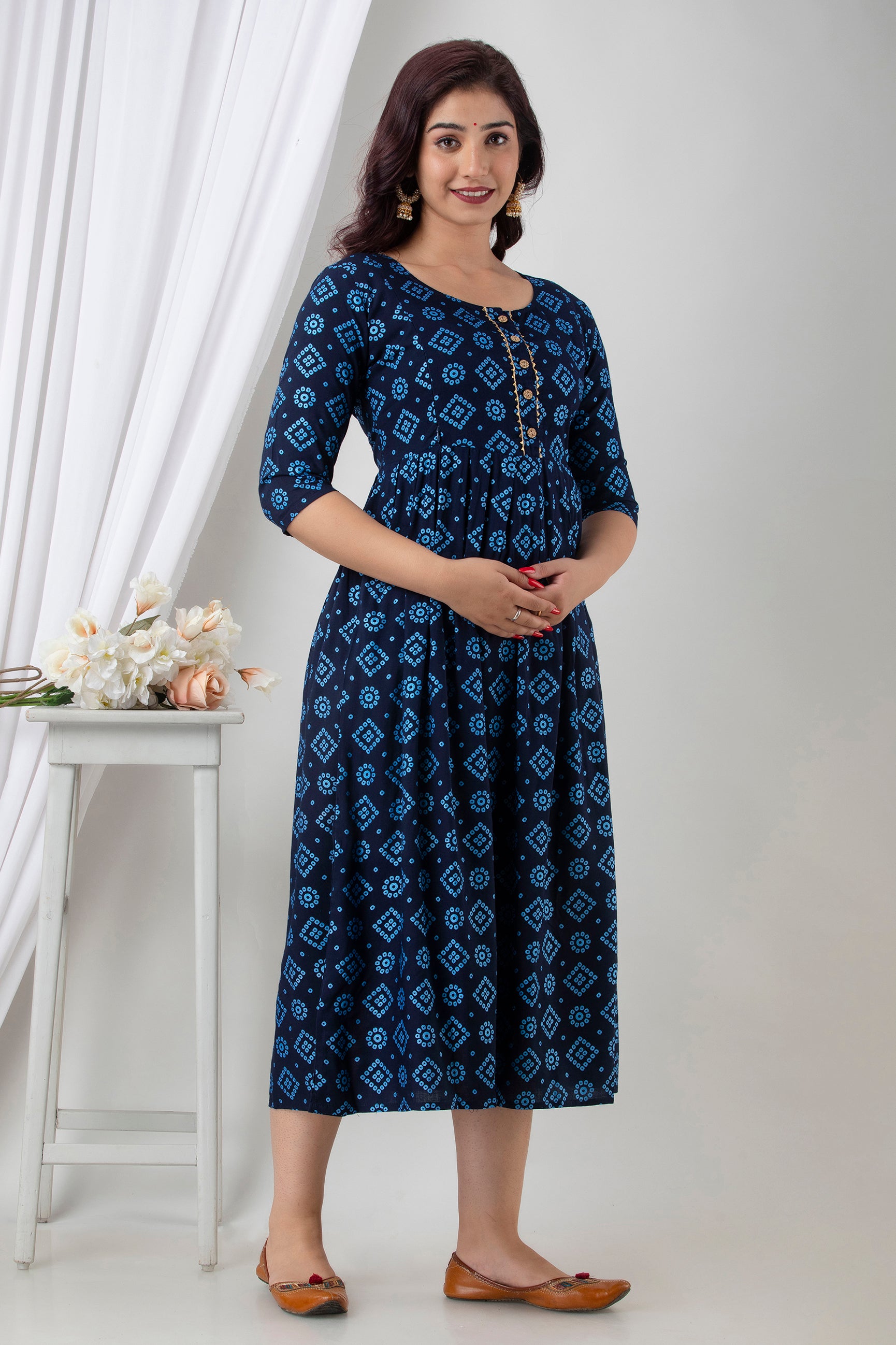 Navy Blue Printed Cotton Maternity Dress | Comfortable Pregnancy Wear for Women - HENAL