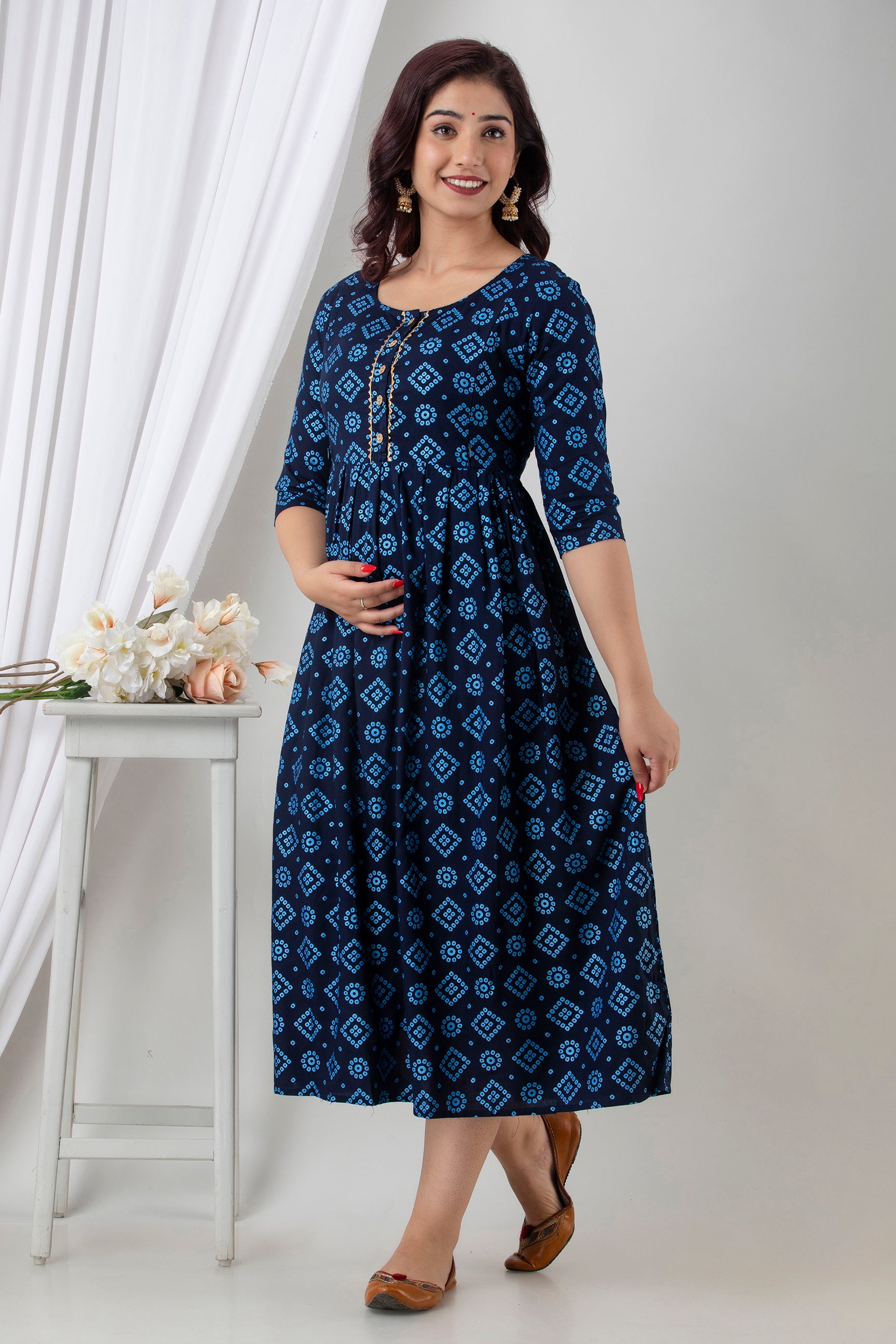 Navy Blue Printed Cotton Maternity Dress | Comfortable Pregnancy Wear for Women - HENAL
