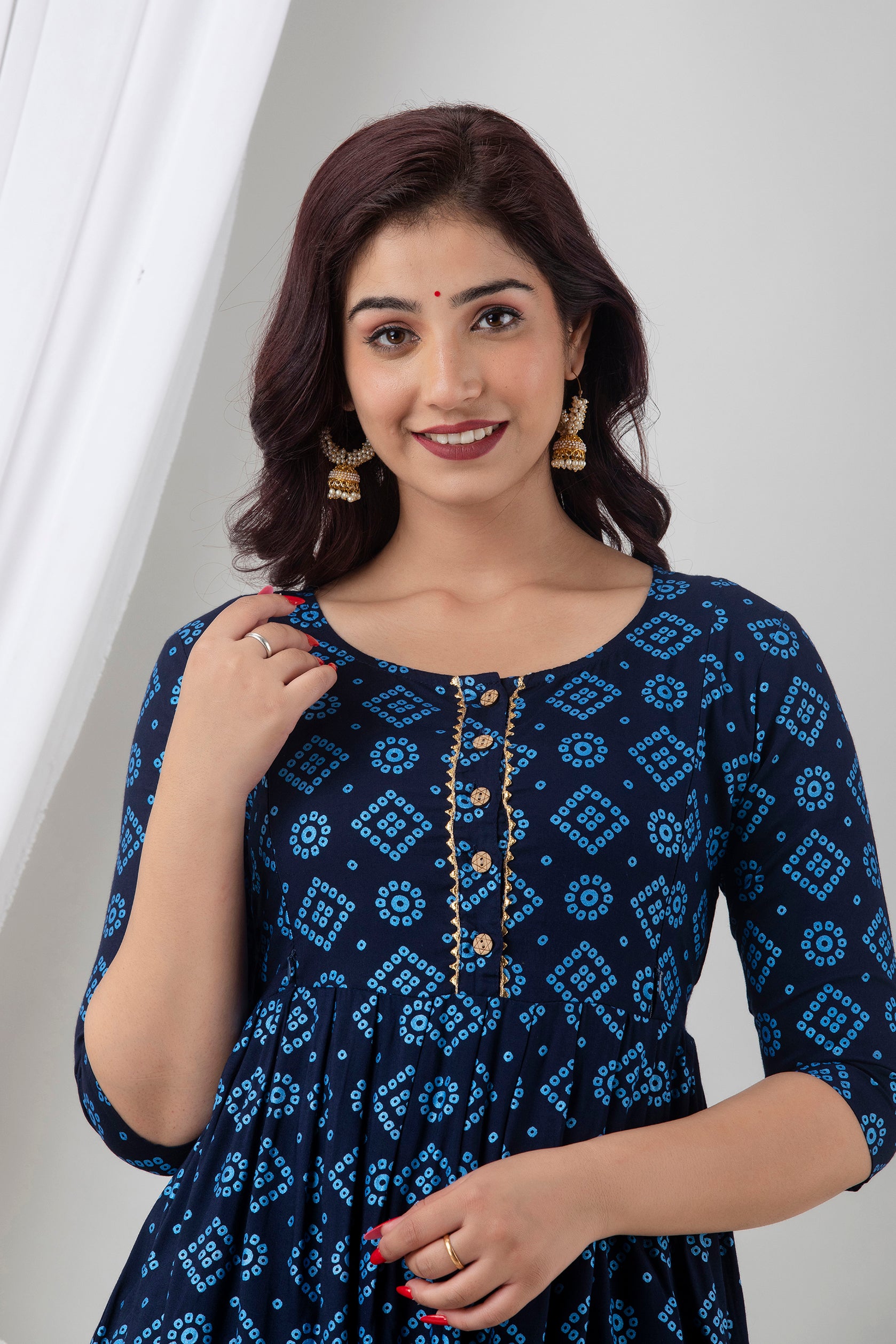 Navy Blue Printed Cotton Maternity Dress | Comfortable Pregnancy Wear for Women - HENAL