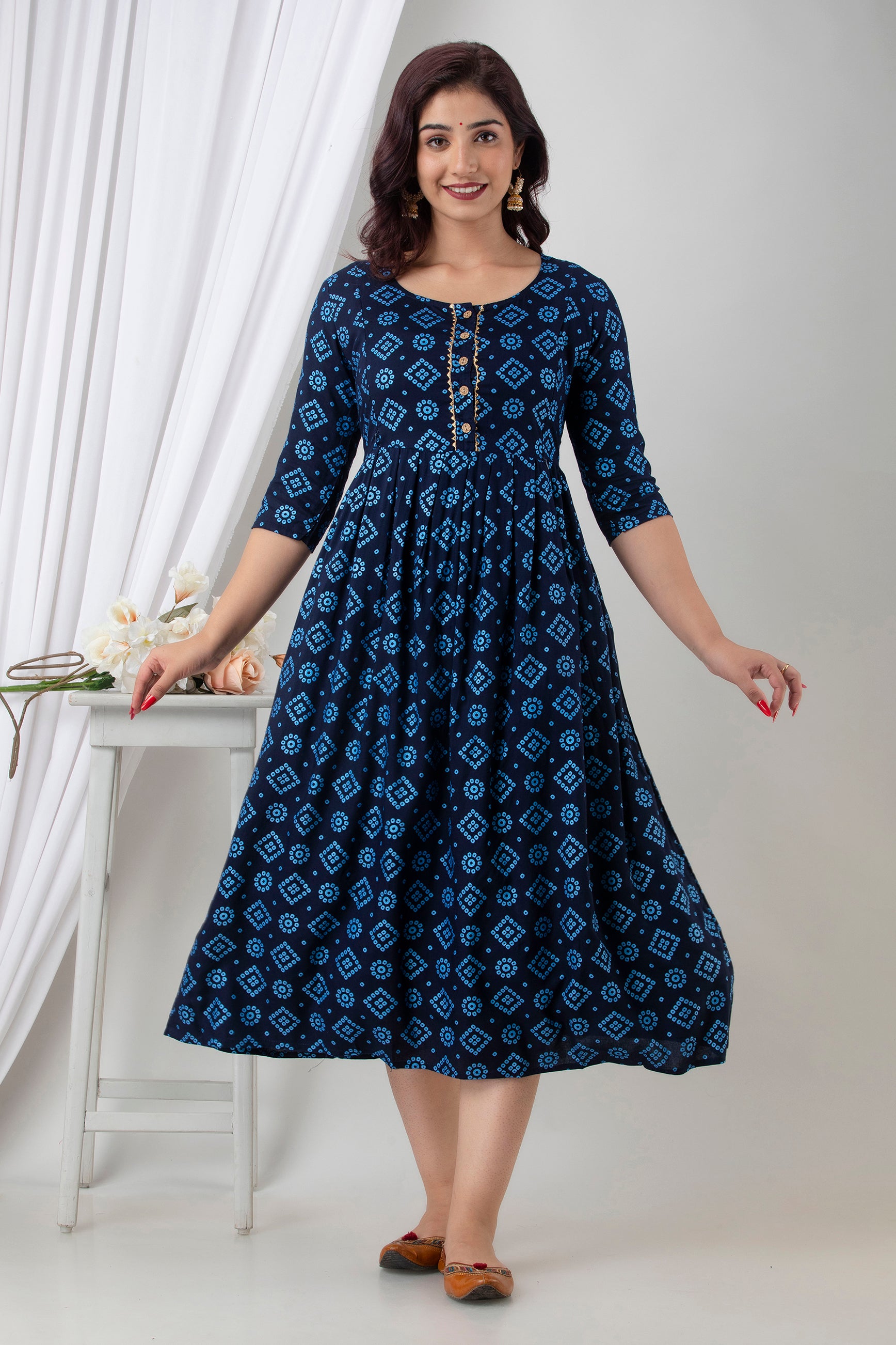 Navy Blue Printed Cotton Maternity Dress | Comfortable Pregnancy Wear for Women - HENAL
