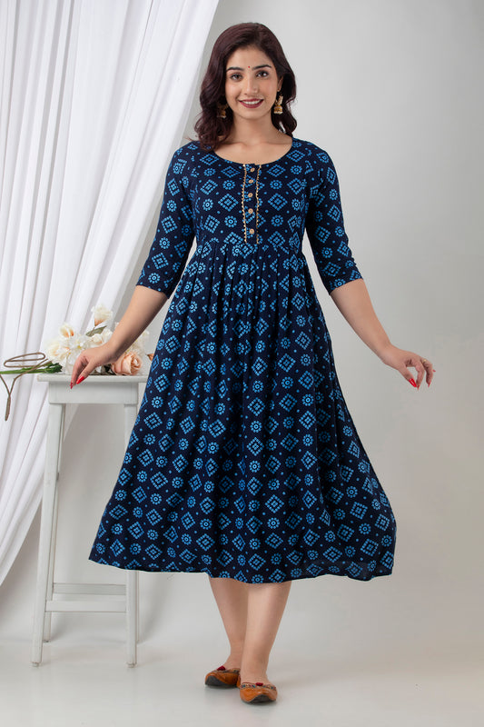Navy Blue Printed Cotton Maternity Dress | Comfortable Pregnancy Wear for Women - HENAL