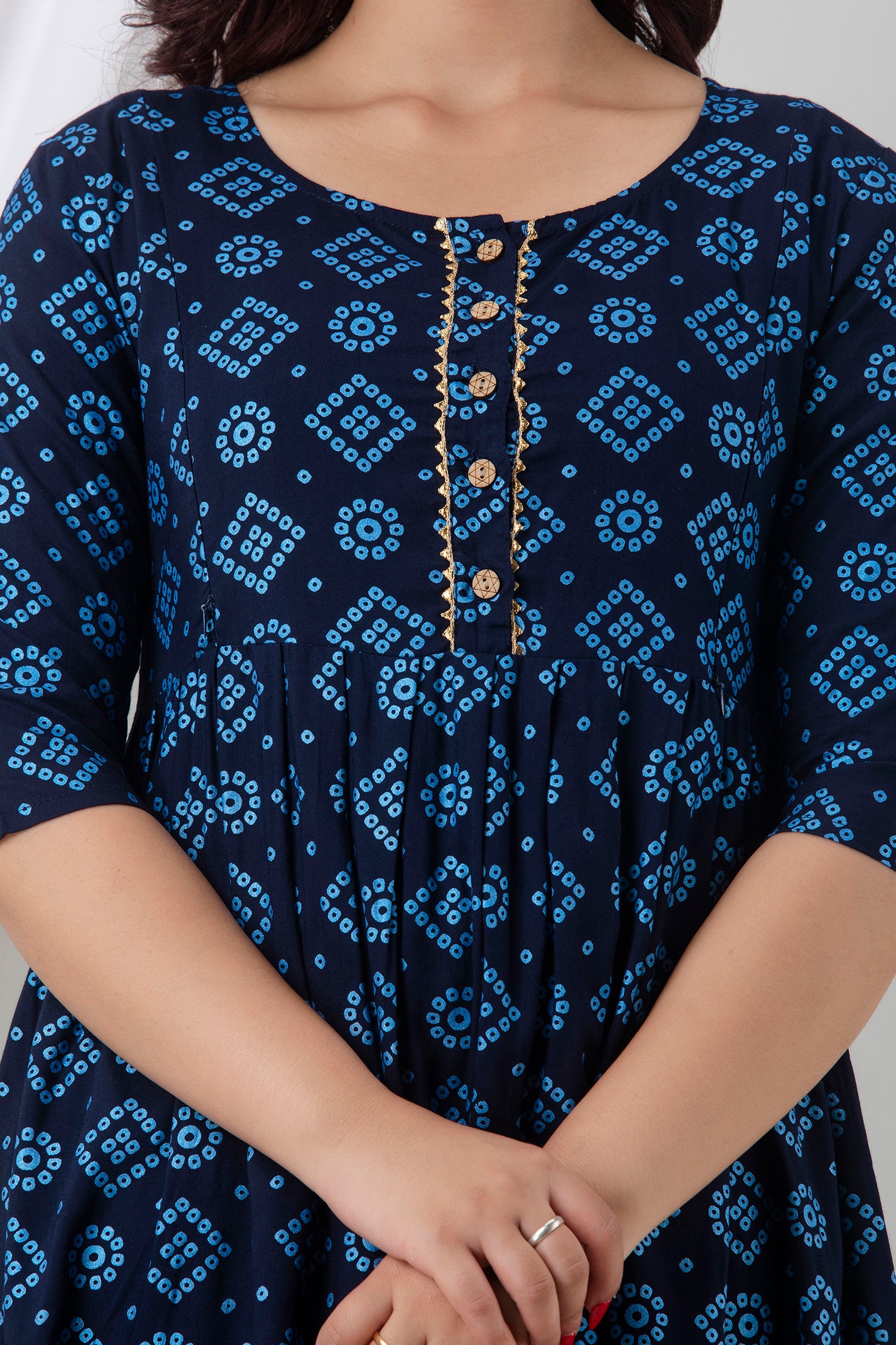 Navy Blue Printed Cotton Maternity Dress | Comfortable Pregnancy Wear for Women - HENAL