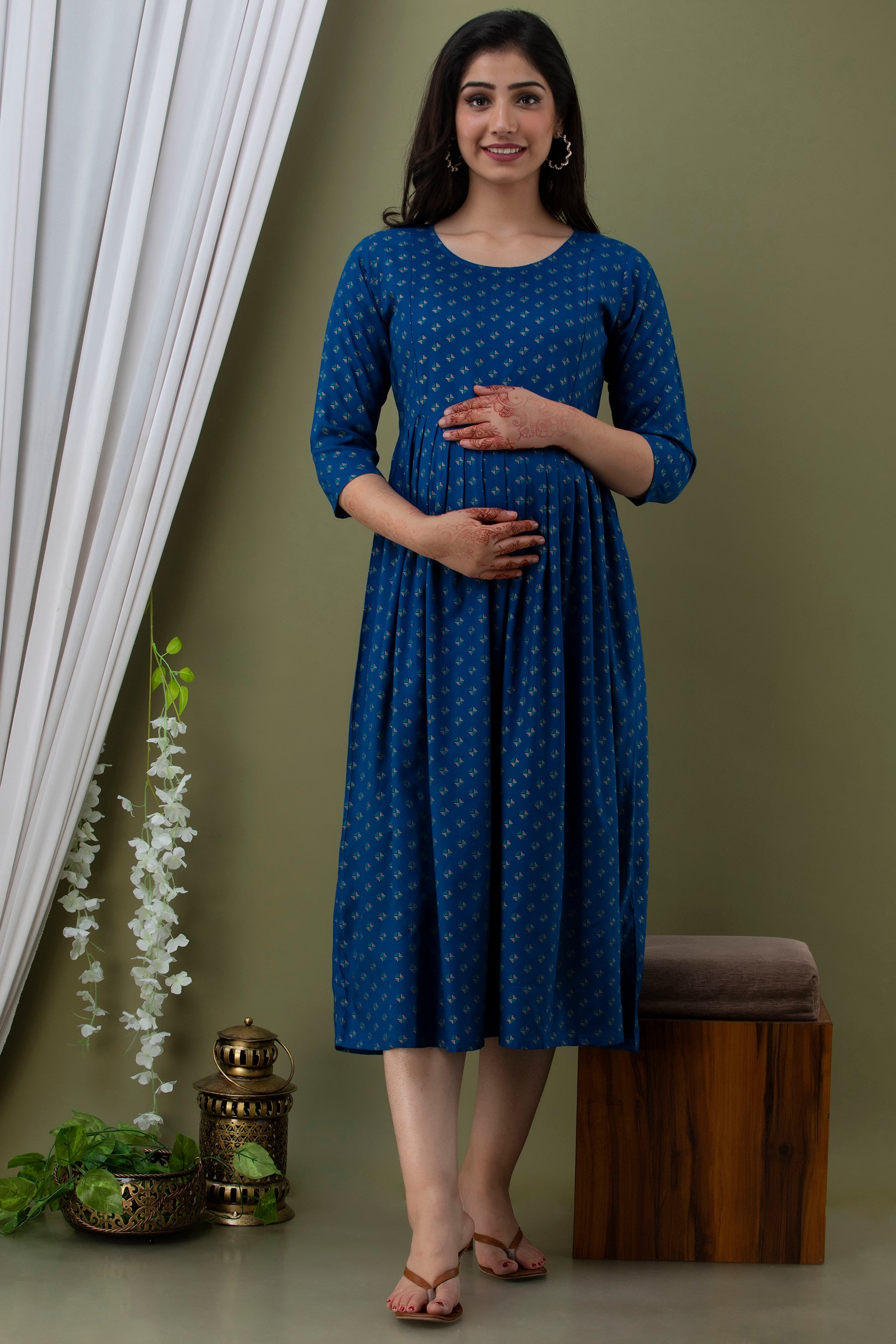 Blue Small Motif Printed Cotton Maternity Dress | Comfortable Pregnancy Wear - HENAL
