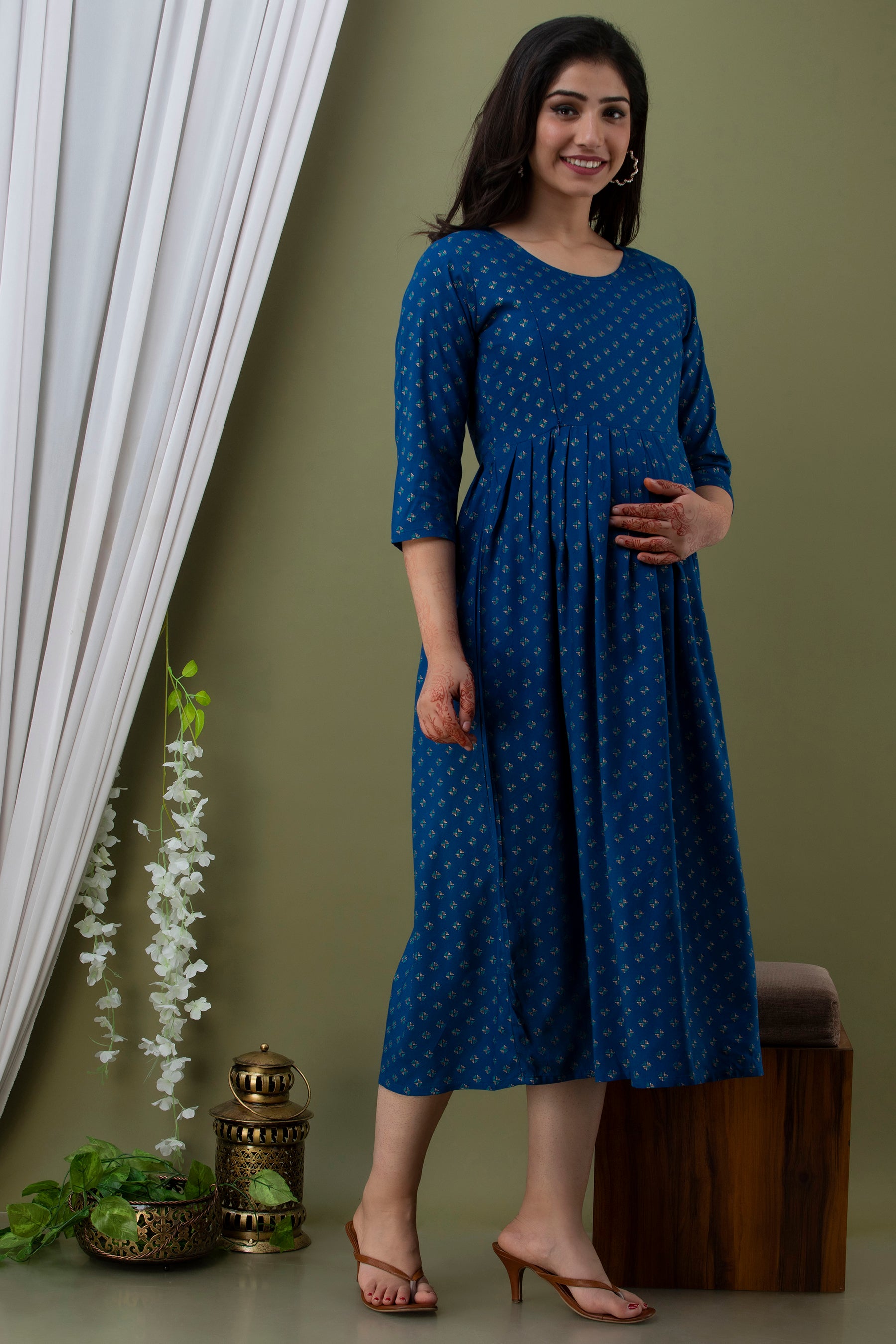 Blue Small Motif Printed Cotton Maternity Dress | Comfortable Pregnancy Wear - HENAL