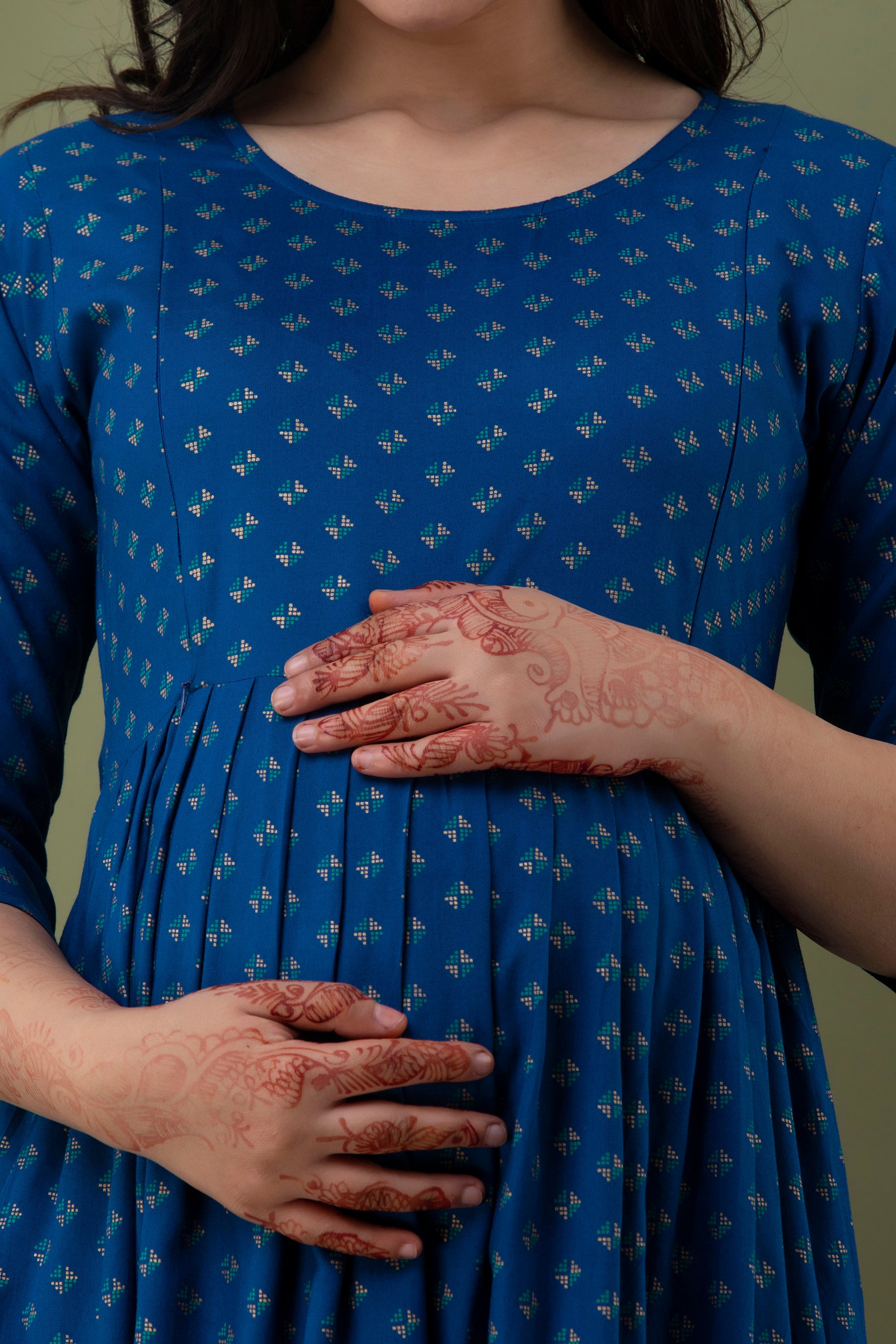 Blue Small Motif Printed Cotton Maternity Dress | Comfortable Pregnancy Wear - HENAL