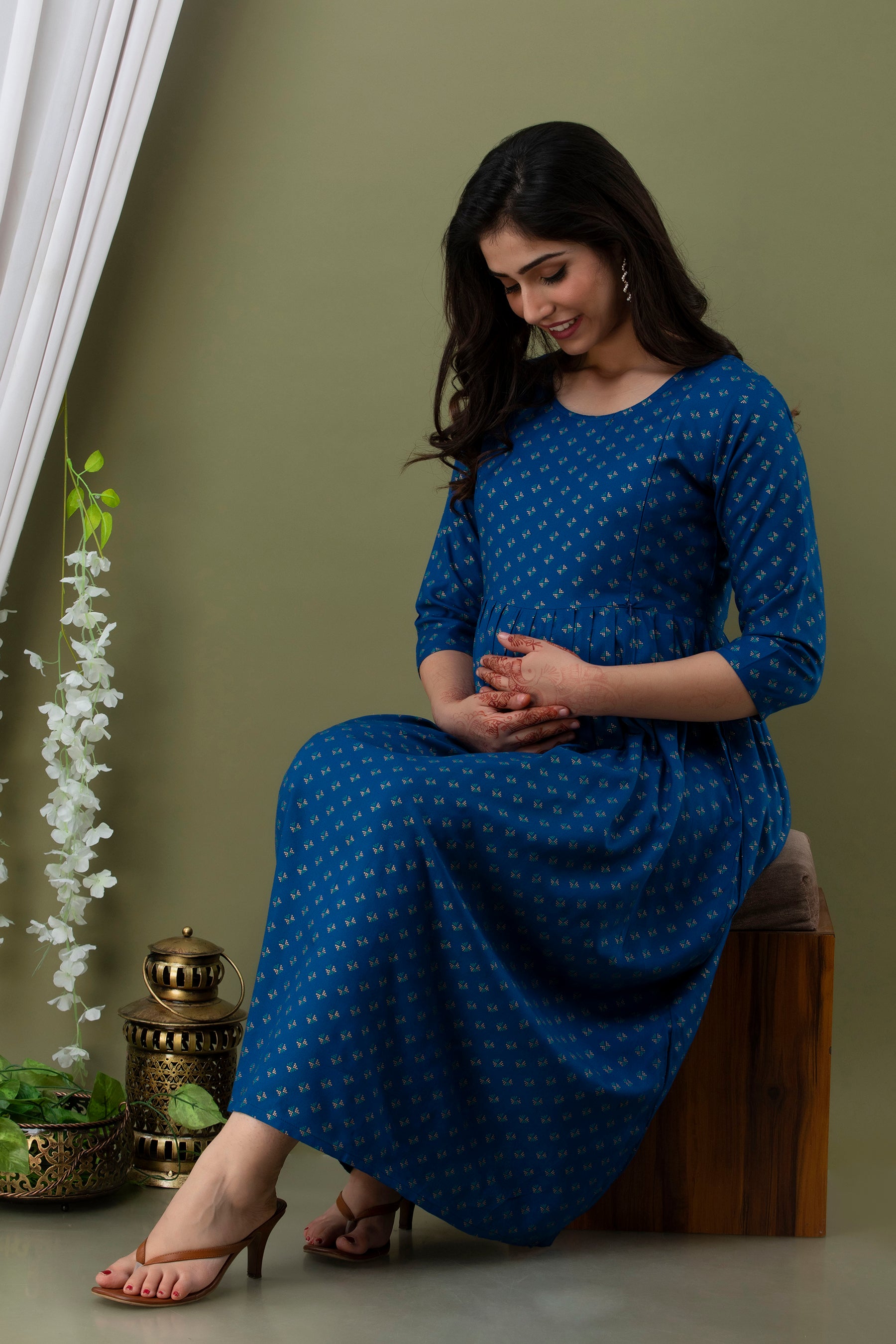 Blue Small Motif Printed Cotton Maternity Dress | Comfortable Pregnancy Wear - HENAL