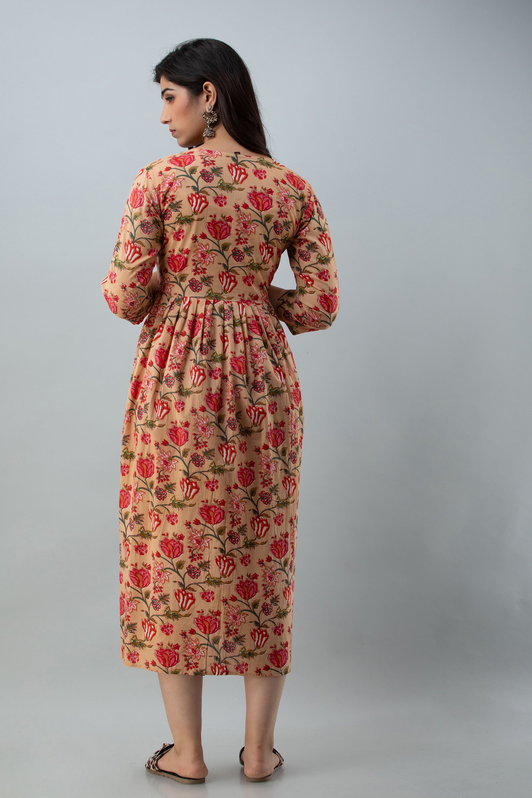 Beige Floral Print Cotton Maternity Kurta | Soft & Comfortable Pregnancy Wear - HENAL