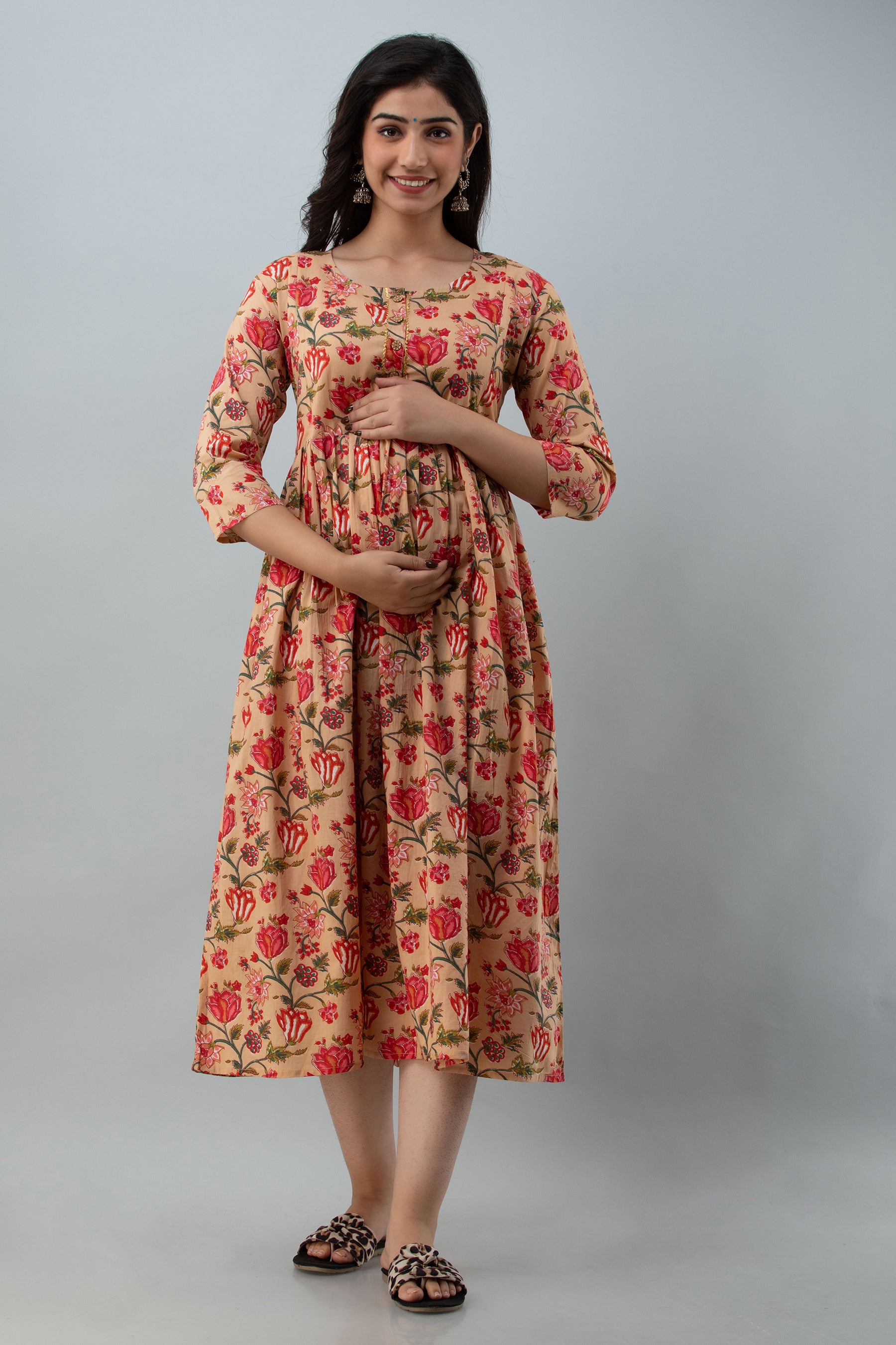 Beige Floral Print Cotton Maternity Kurta | Soft & Comfortable Pregnancy Wear - HENAL