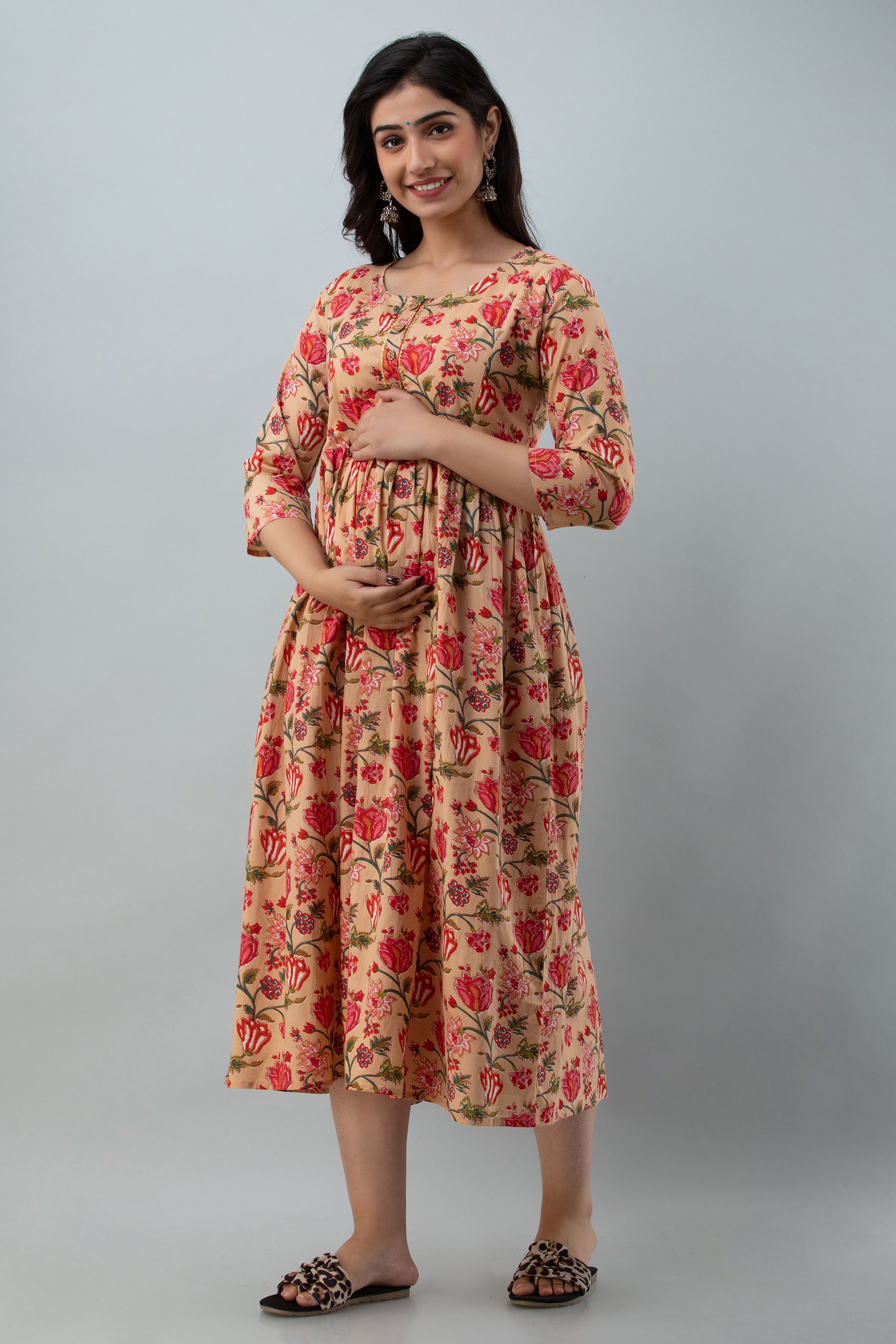 Beige Floral Print Cotton Maternity Kurta | Soft & Comfortable Pregnancy Wear - HENAL