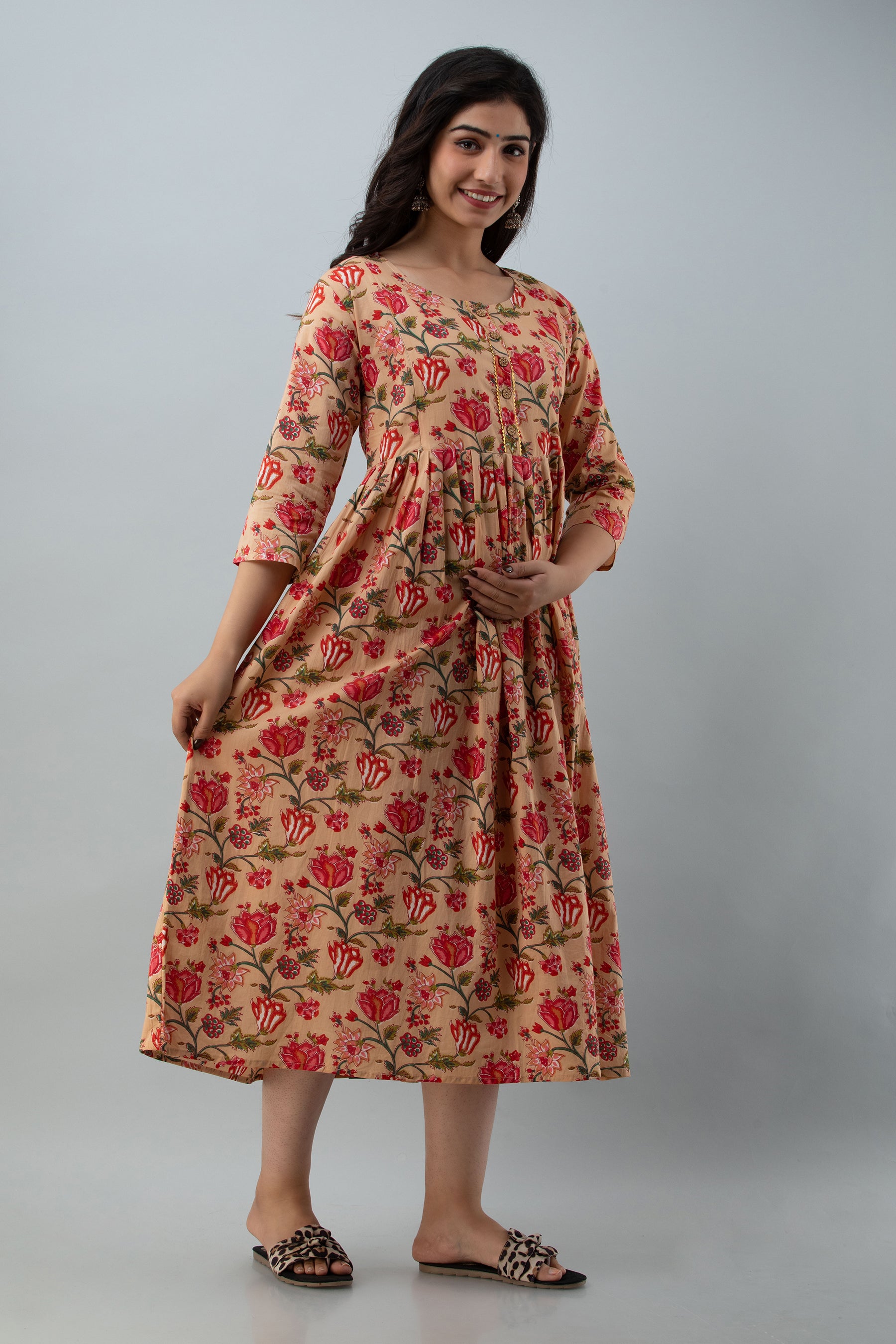 Beige Floral Print Cotton Maternity Kurta | Soft & Comfortable Pregnancy Wear - HENAL