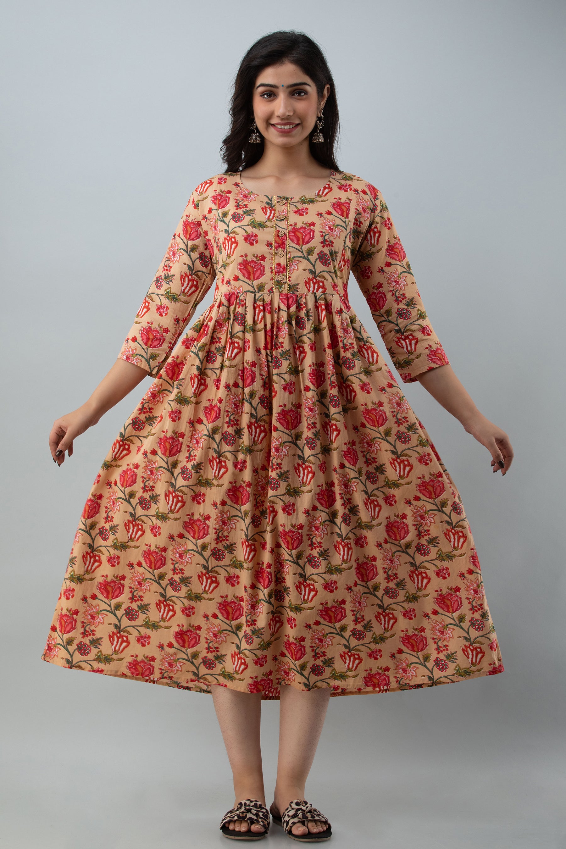 Beige Floral Print Cotton Maternity Kurta | Soft & Comfortable Pregnancy Wear - HENAL