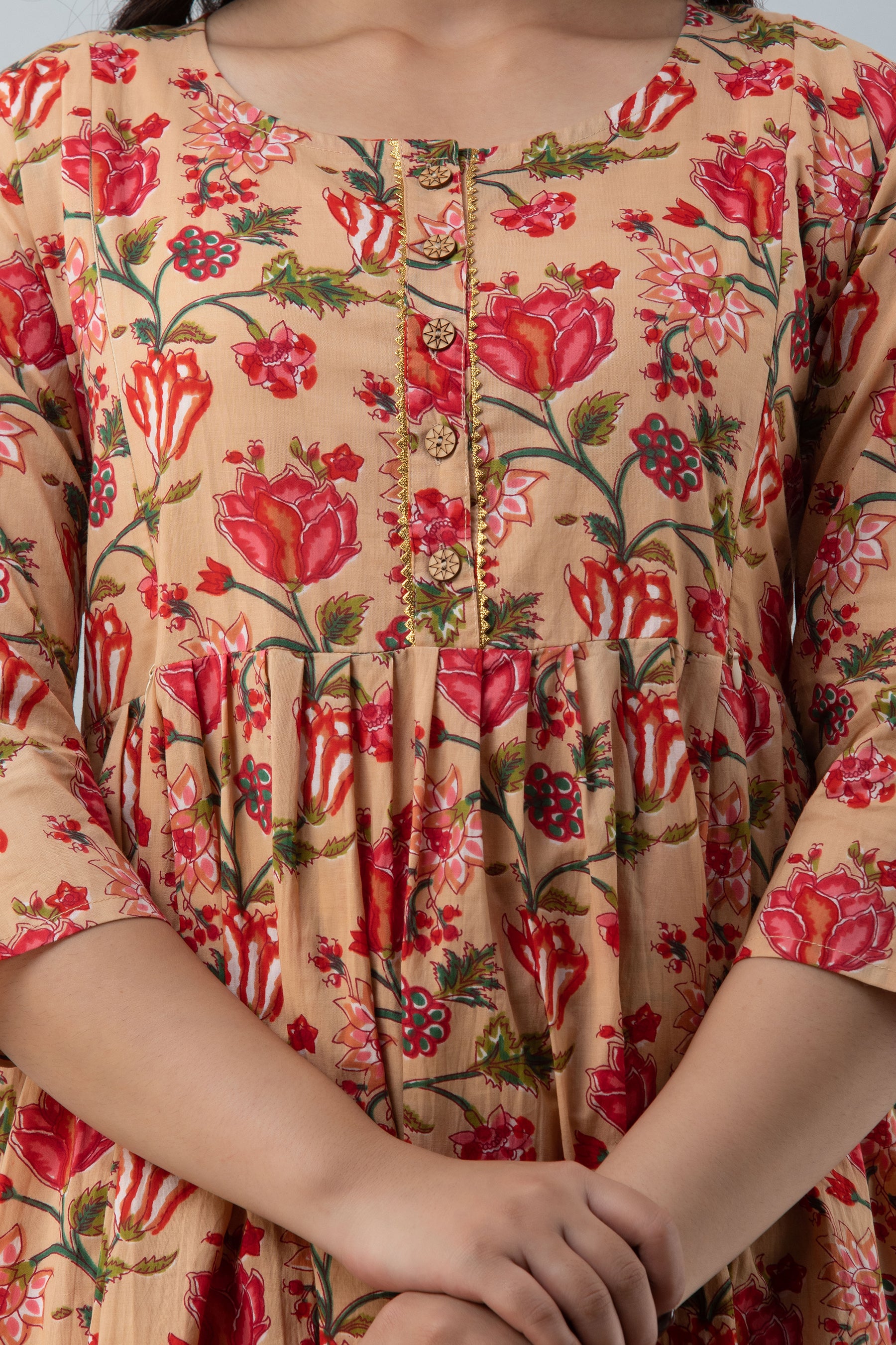 Beige Floral Print Cotton Maternity Kurta | Soft & Comfortable Pregnancy Wear - HENAL