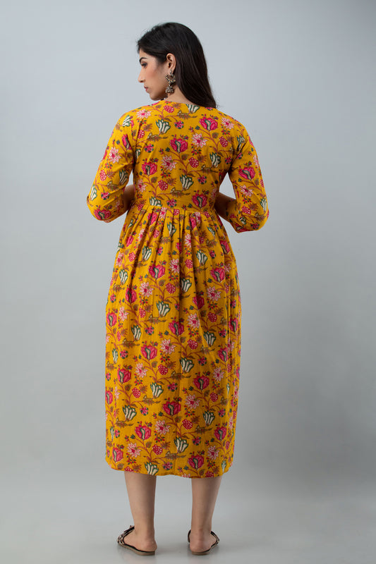 Yellow Floral Print Cotton Maternity Kurta | Comfortable Pregnancy Wear - HENAL