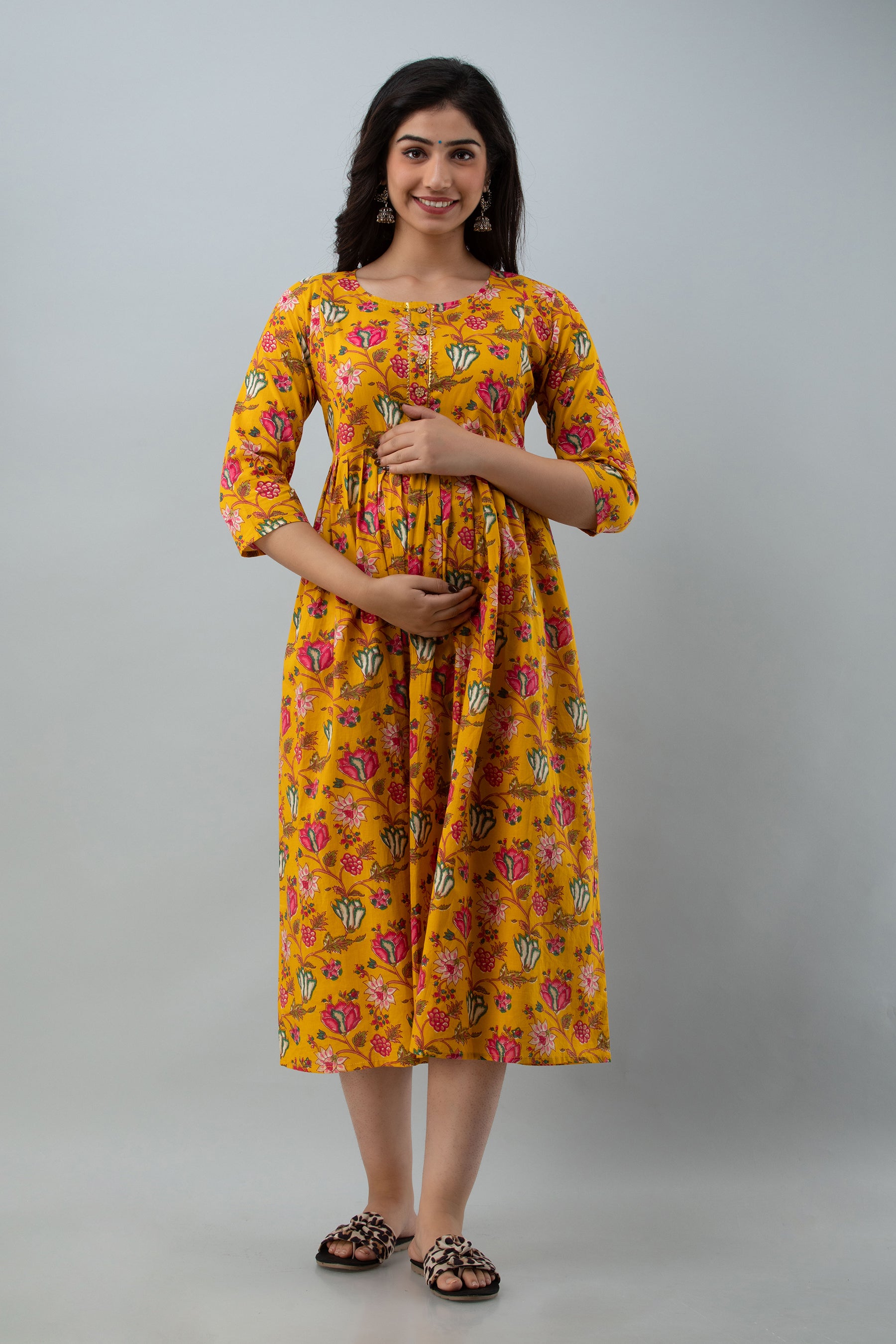 Yellow Floral Print Cotton Maternity Kurta | Comfortable Pregnancy Wear - HENAL
