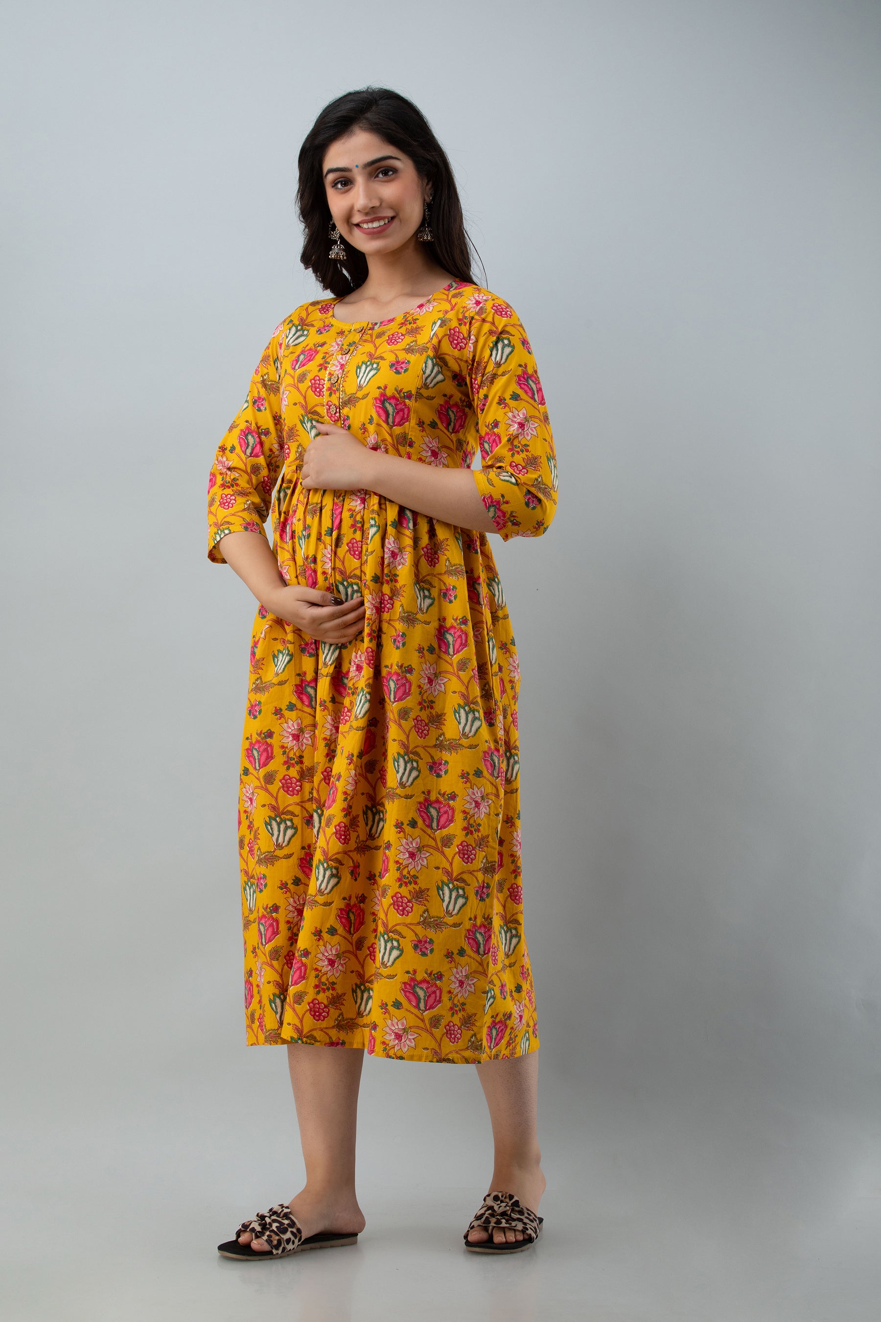 Yellow Floral Print Cotton Maternity Kurta | Comfortable Pregnancy Wear - HENAL