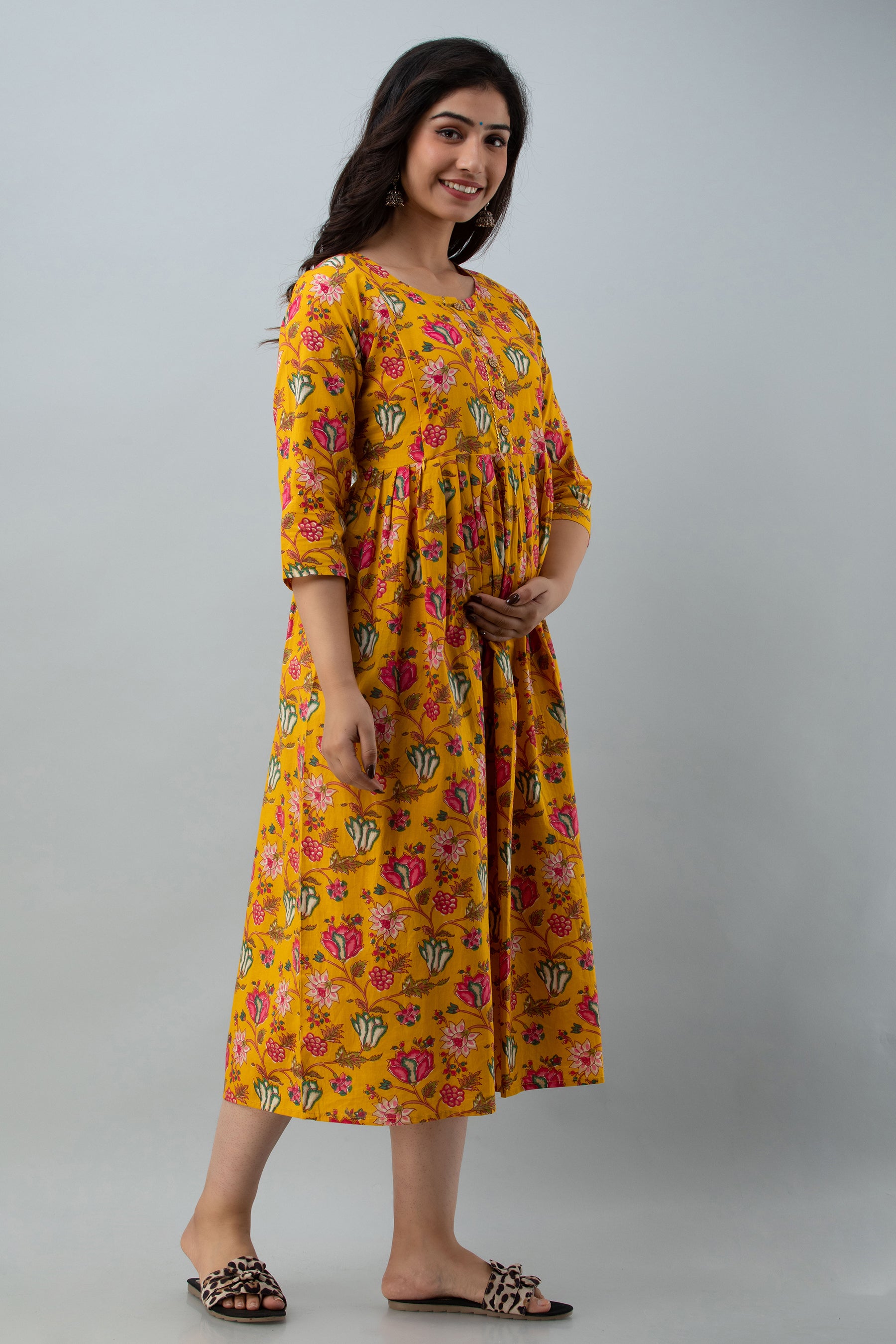 Yellow Floral Print Cotton Maternity Kurta | Comfortable Pregnancy Wear - HENAL