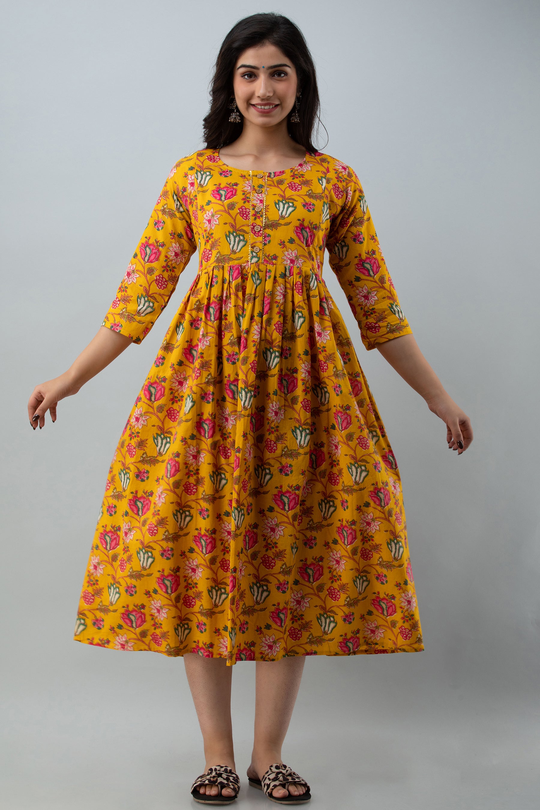 Yellow Floral Print Cotton Maternity Kurta | Comfortable Pregnancy Wear - HENAL