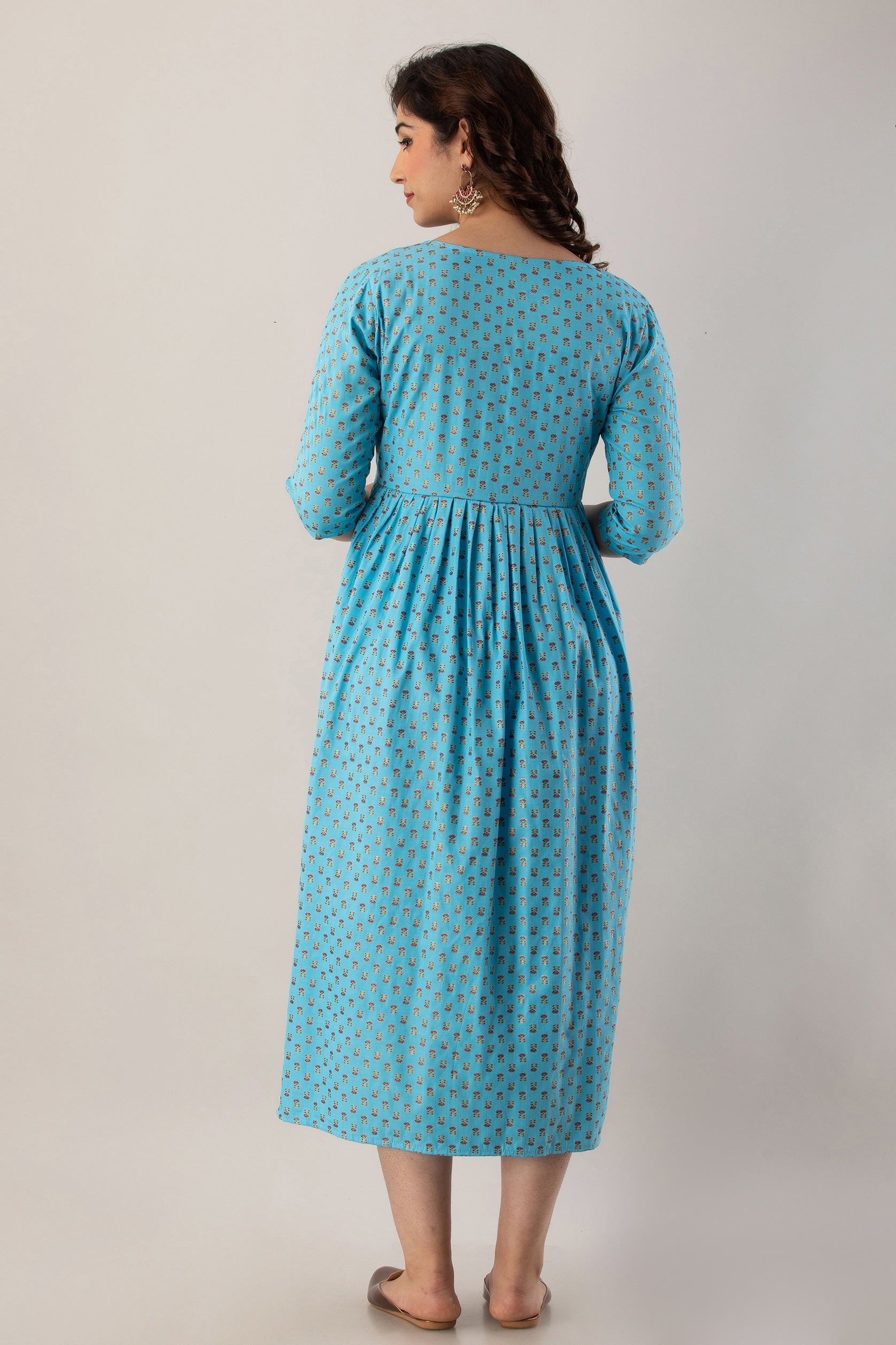 Sky Blue Small Motif Printed Cotton Maternity Dress | Soft & Comfortable Pregnancy Wear - HENAL