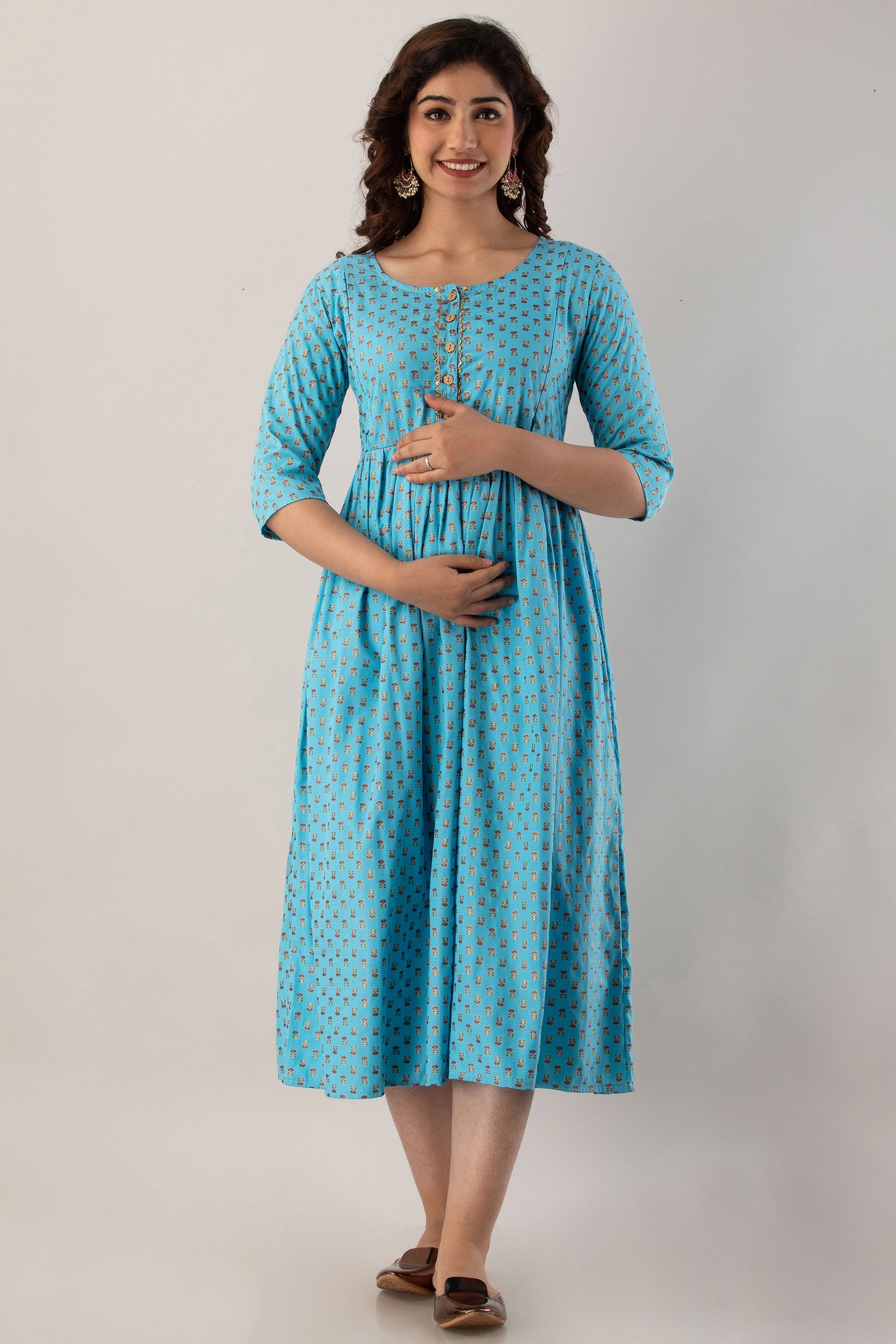 Sky Blue Small Motif Printed Cotton Maternity Dress | Soft & Comfortable Pregnancy Wear - HENAL