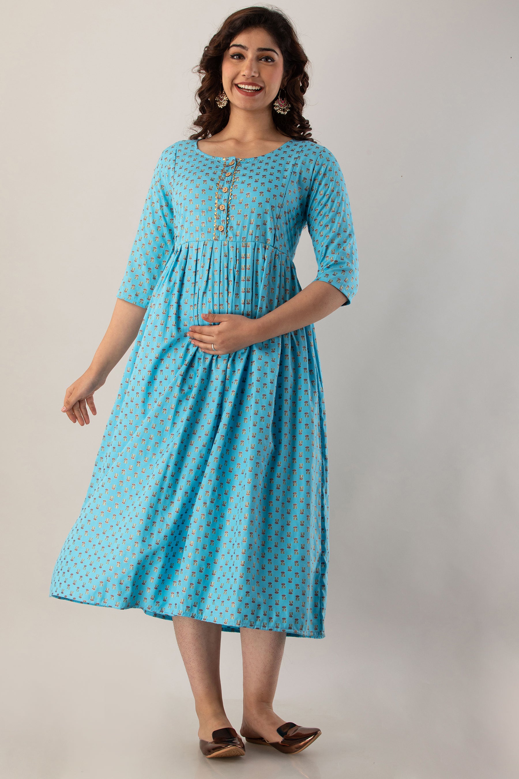 Sky Blue Small Motif Printed Cotton Maternity Dress | Soft & Comfortable Pregnancy Wear - HENAL
